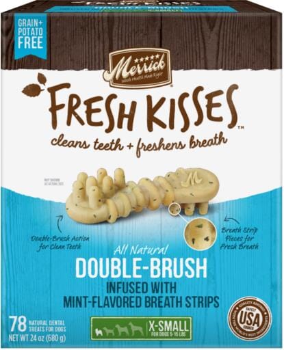 Merrick Fresh Kisses Mint Breath Strips Extra Small Brush Dog Dental Chews - Value Box 78 Count - 24 Oz  