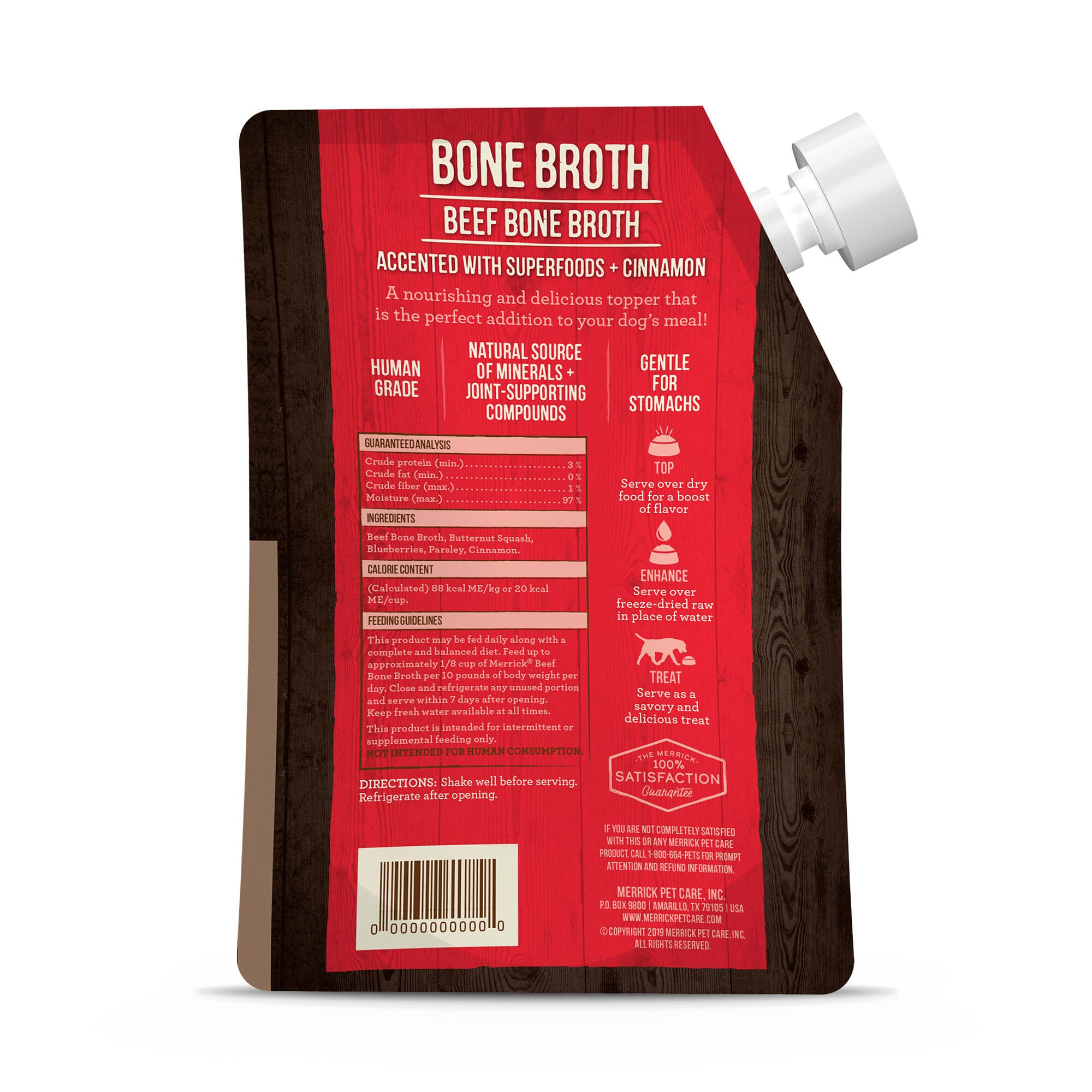 Merrick Grain-Free Beef Bone Broth with Superfoods Wet Cat and Dog Food Topper Pouch - 16 Oz