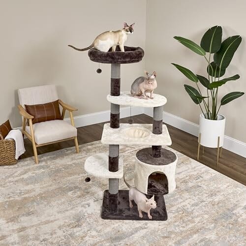 Midwest Homes Feline Beaumont 5-Level Cat Tree Furniture - Mocha/Cream - Large - L:24.4 X W:34.2 X H:59 Inch