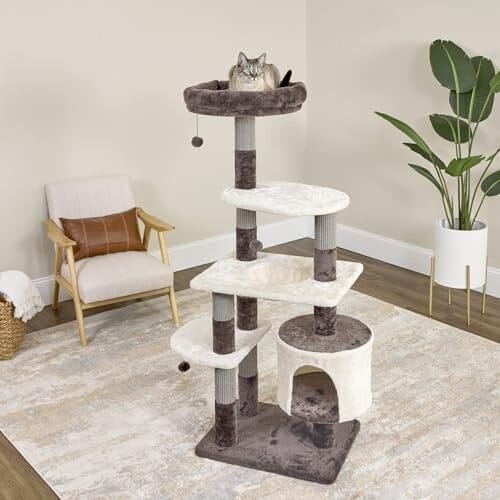 Midwest Homes Feline Beaumont 5-Level Cat Tree Furniture - Mocha/Cream - Large - L:24.4 X W:34.2 X H:59 Inch
