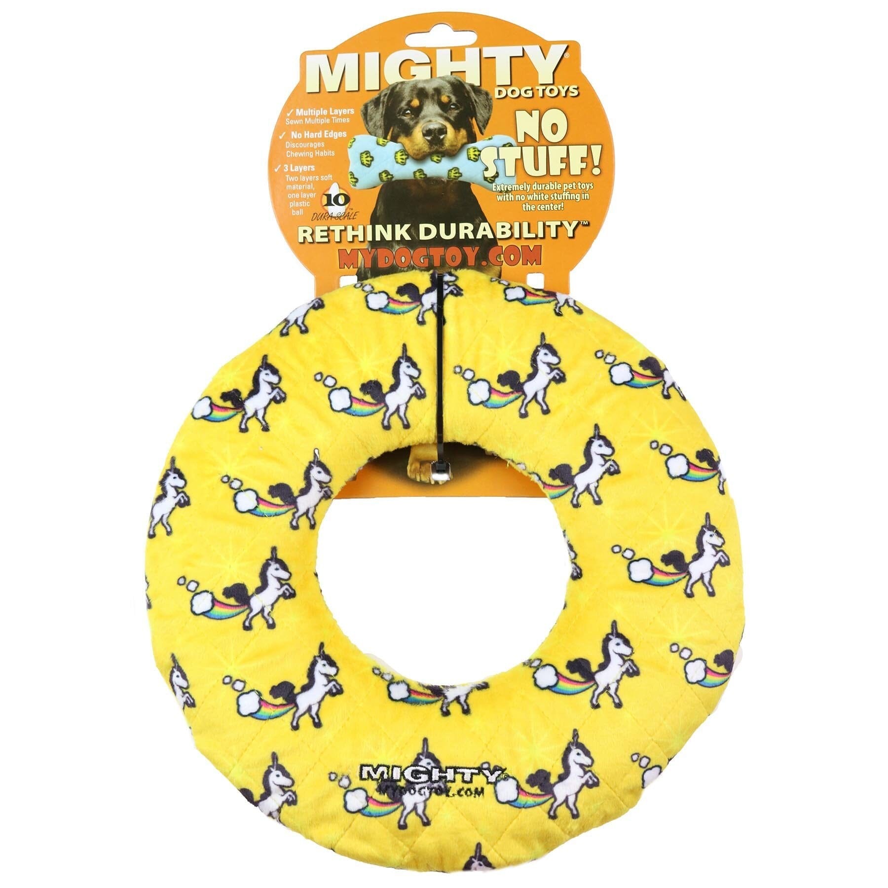 Mighty Ring Unicorn No-Stuffing Squeak Dog Toy - Yellow  