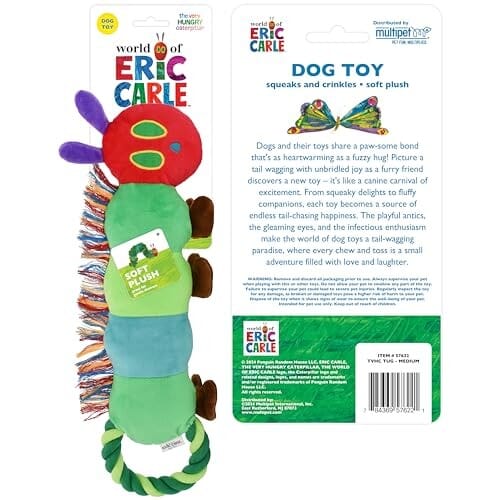 Multipet Eric Carle Hungry Caterpillar Rope Squeak and Plush Cat and Dog Toy - 16 Inch