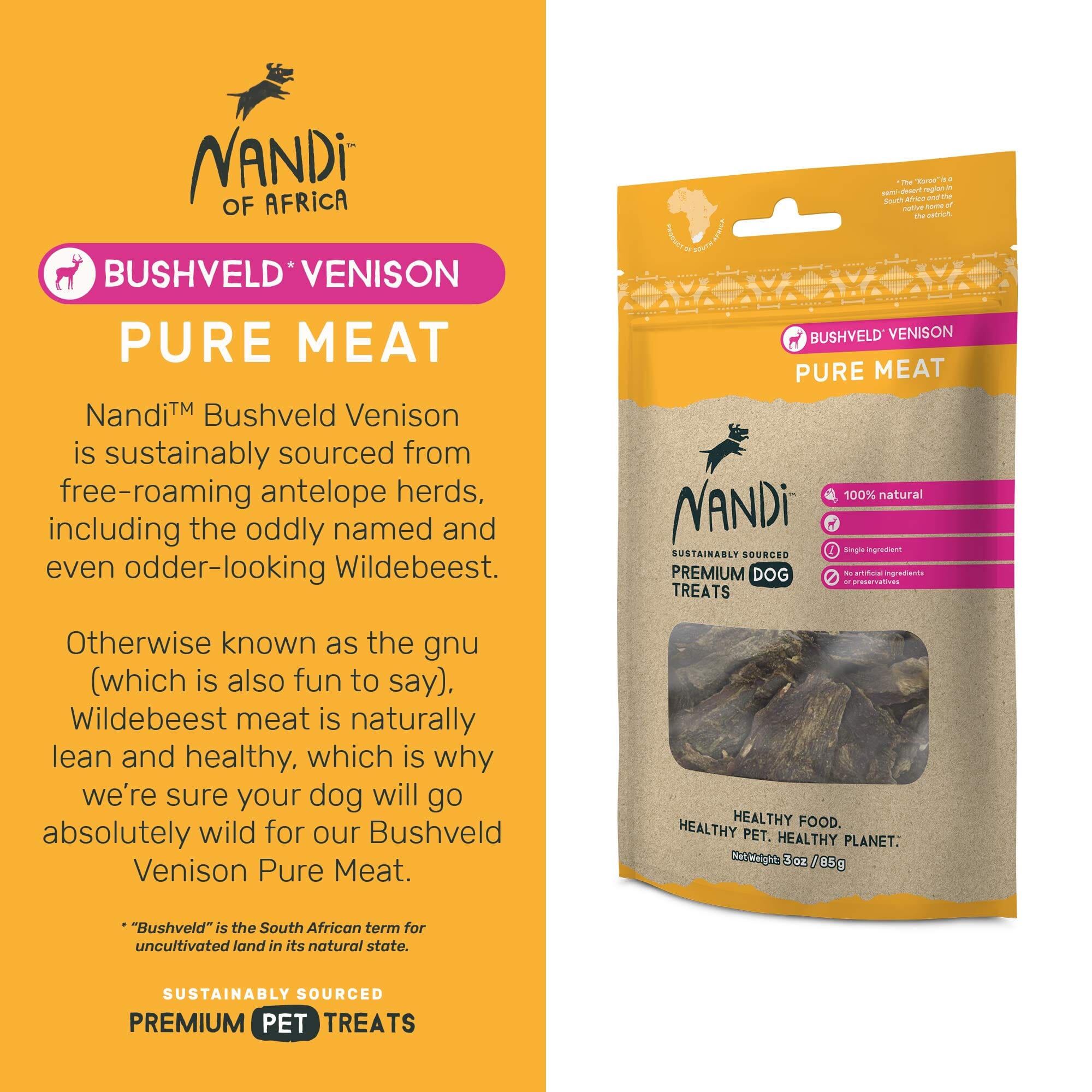 Nandi Bushveld Venison Pure Meat Jerky Dog Treats - 3 oz  