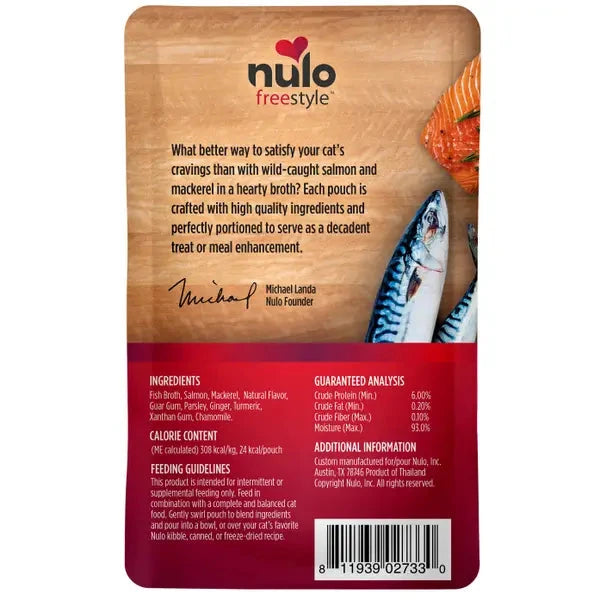 Nulo Freestyle Chunky Salmon and Mackerel Broth with Ginger and Chamomile Wet Cat Food Topper Pouch - 2.8 Oz - Case of 24