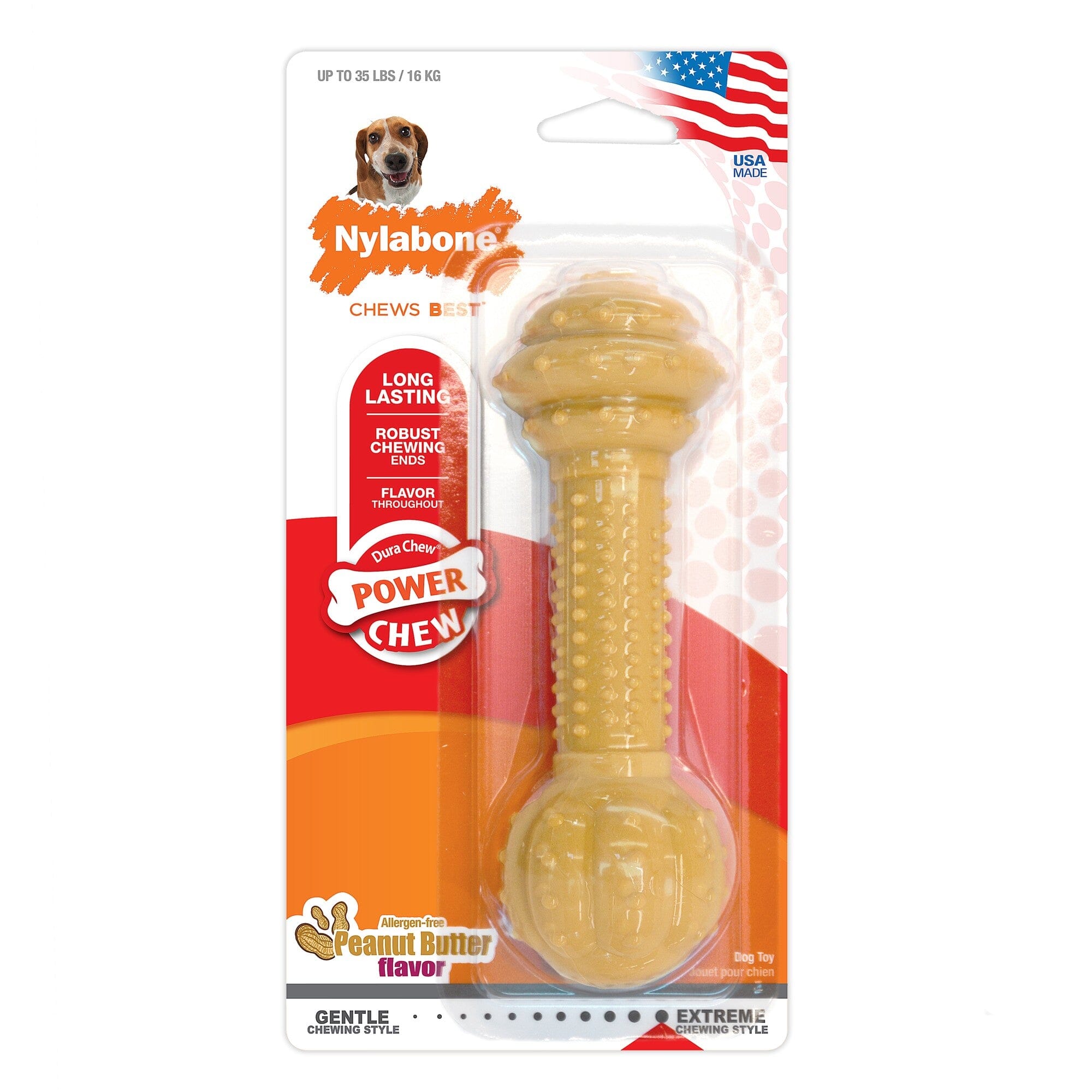 Nylabone Barbell-Bone Durable Power-Chew Peanut Butter Flavored Nylon Chew Dog Toy Medium