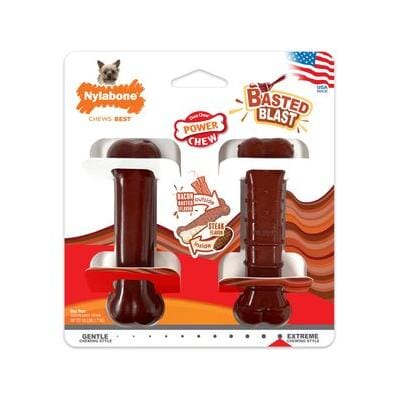 Nylabone Basted Blast Textured Bone Power-Chew Bacon and Steak Flavored Fetch and Chew Dog Toy Extra Small - 2 Pack
