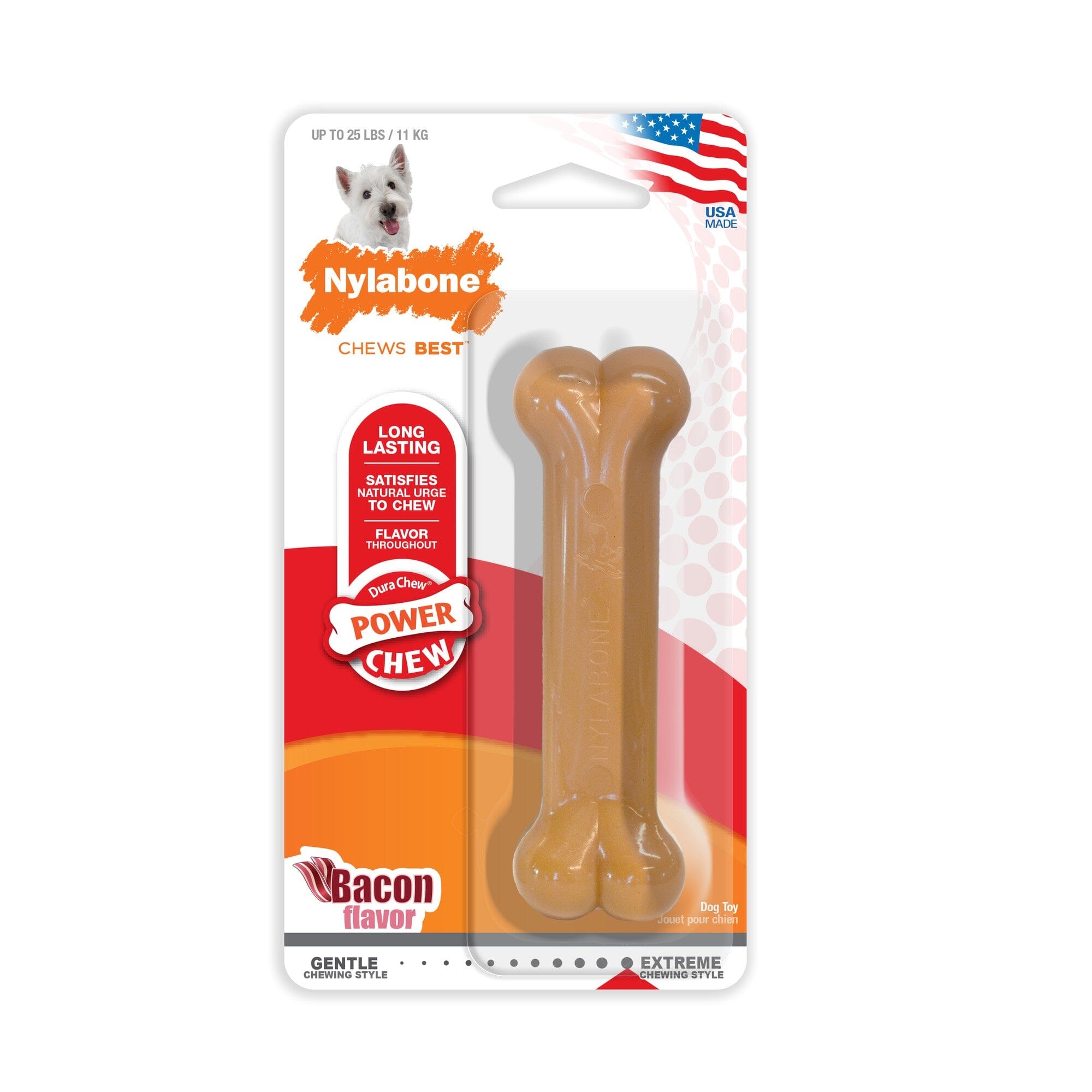 Nylabone Classic Bone Durable Power-Chew Bacon Flavored Nylon Chew Dog Toy Small/Regular