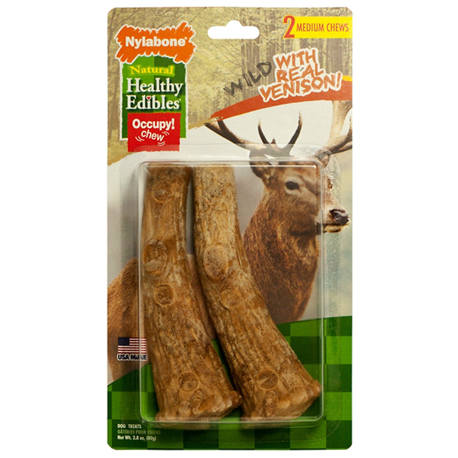 Nylabone Healthy Edibles Wild Natural Antler Dog Biscuits Treats - Venison - Wolf - 2 Pack