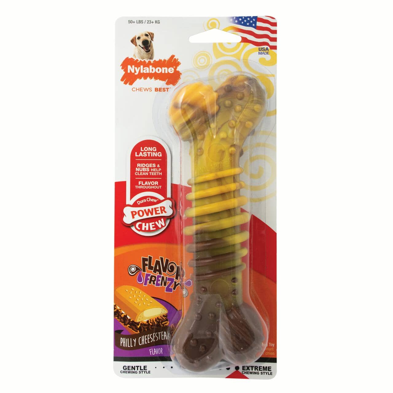 Nylabone Textured Bone Flavor Frenzy Durable Power-Chew Philly Cheesesteak Flavor Nylon Chew Dog Toy Extra Large/Souper