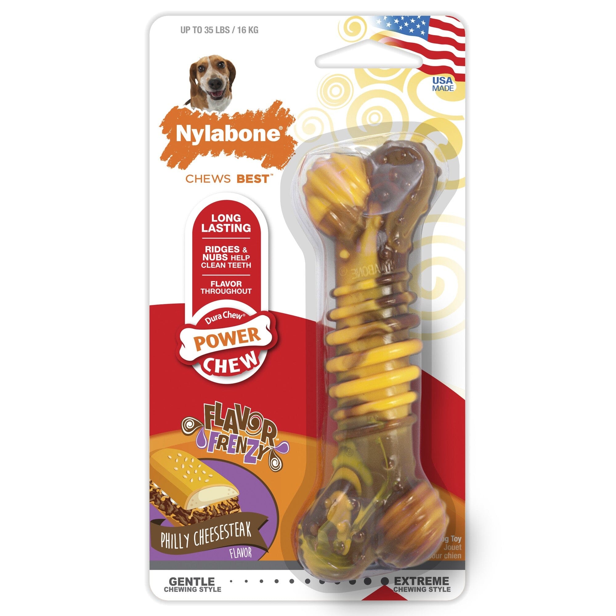 Nylabone Textured Bone Flavor Frenzy Durable Power-Chew Philly Cheesesteak Flavor Nylon Chew Dog Toy Medium/Wolf