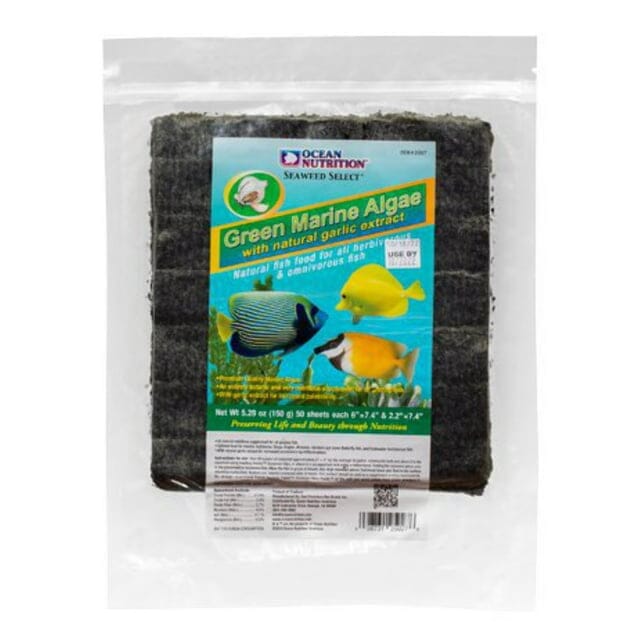 Ocean Nutrition Seaweed Select Green Algea Sheets with Garlic Extract Herbivore Marine Fish Food 50 Count