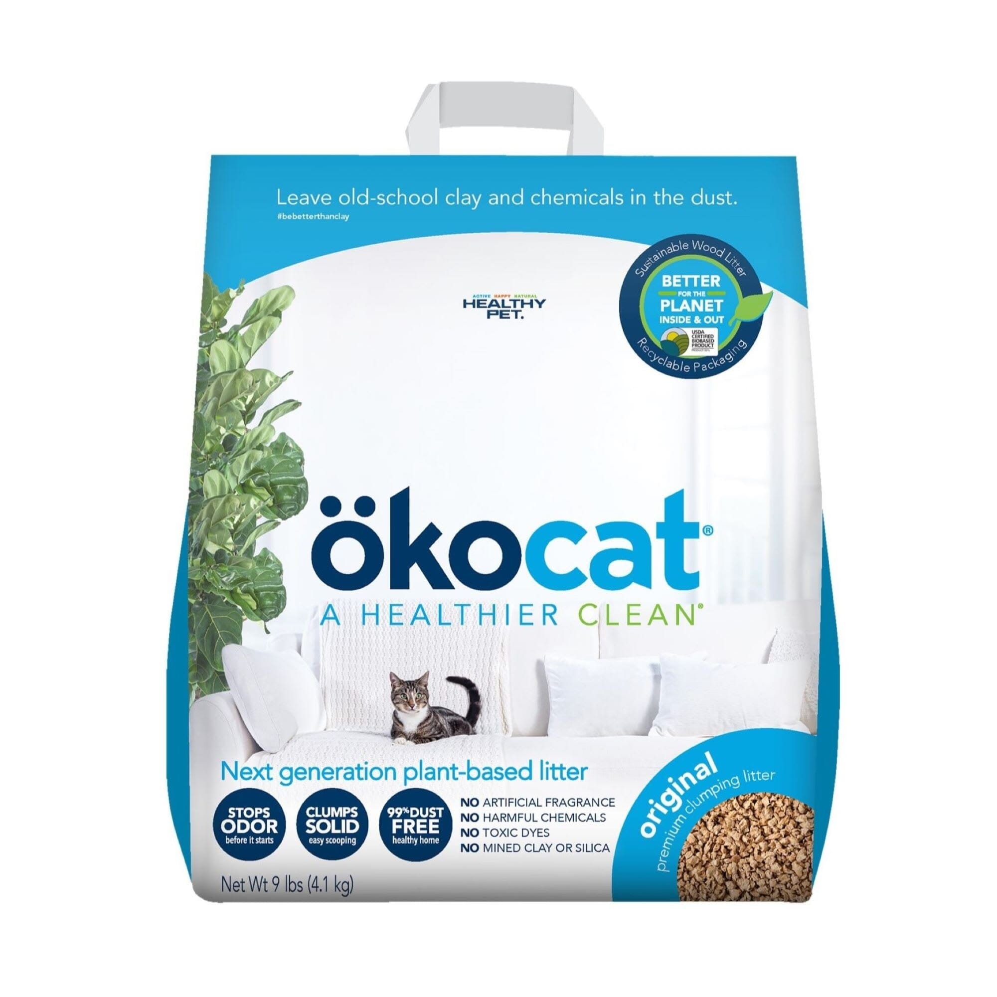 Okocat Premium Original Clumping Natural Wood Plant-Based Cat Litter 9 Pounds