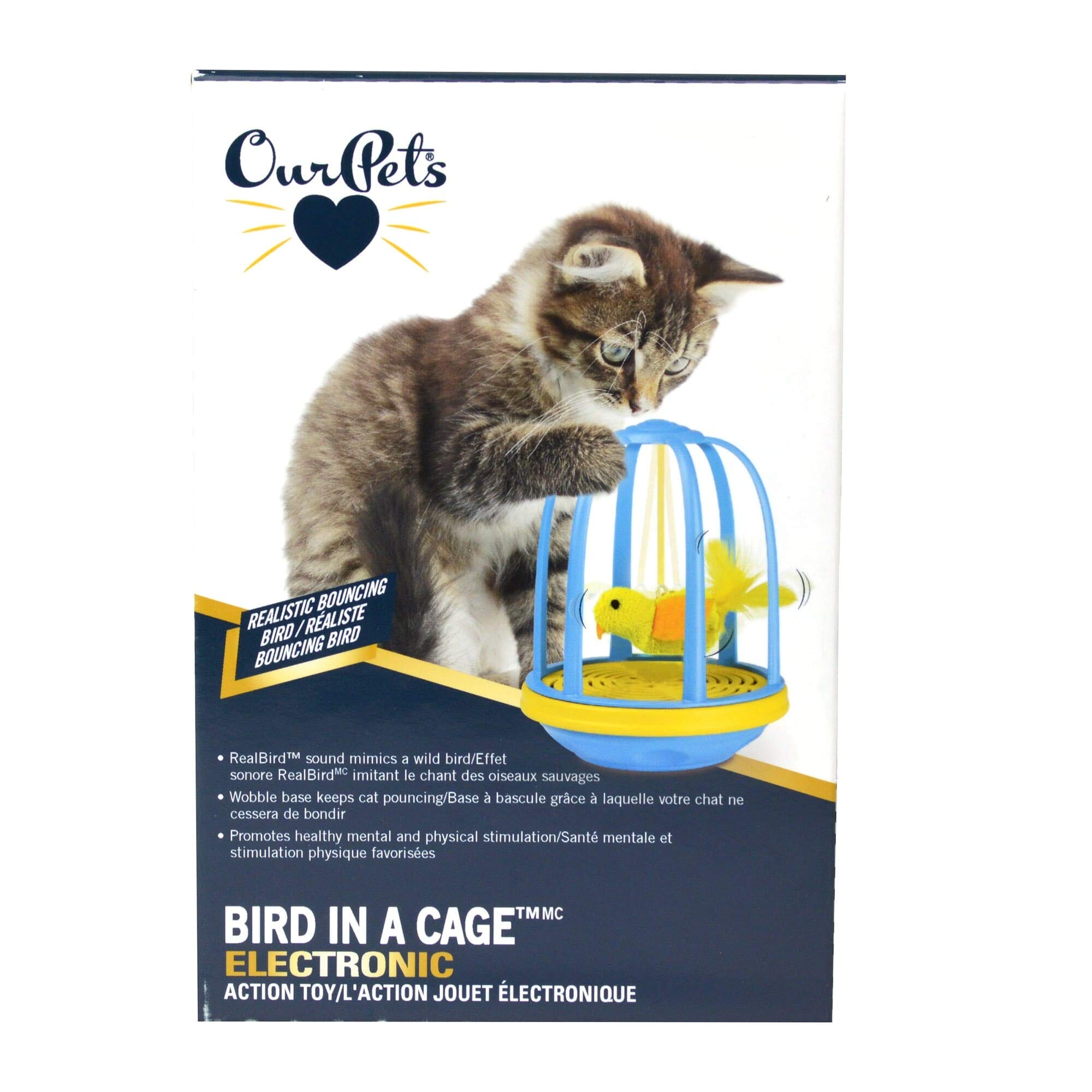 OurPets Bird In Cage Electronic Teasing Bird Soundmaking Cat Toy - Blue/Yellow  