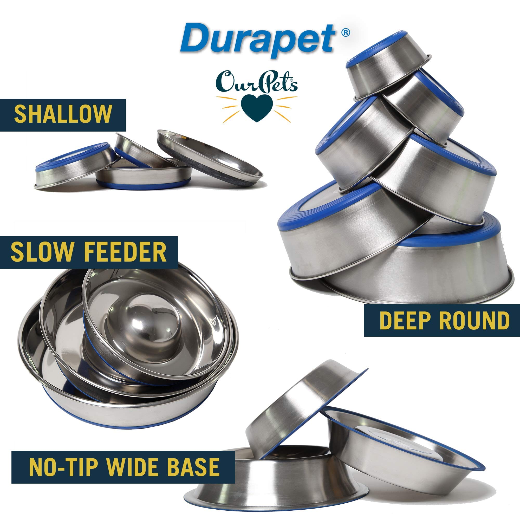 OurPets Durapet Anti-Skid Rubber Bonded Stainless Steel Slow Feeding Cat Bowl - Large - 86 Oz  