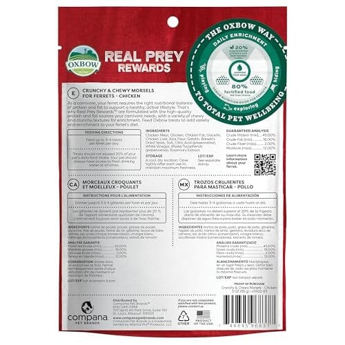 Oxbow Real Prey Rewards Chicken Recipe Ferret Formula Crunchy and Chewy Small Animal Treats - 3 Oz