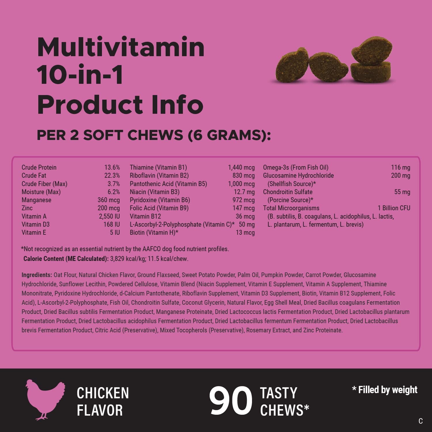 Pet Honesty 10-fin-1 Daily Multi-Vitamin with Glucosomine Chewy Dog Supplements - 90 Count - 9.5 Oz  