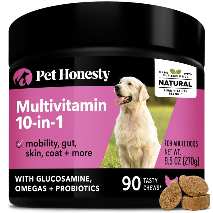 Pet Honesty 10-fin-1 Daily Multi-Vitamin with Glucosomine Chewy Dog Supplements - 90 Co...
