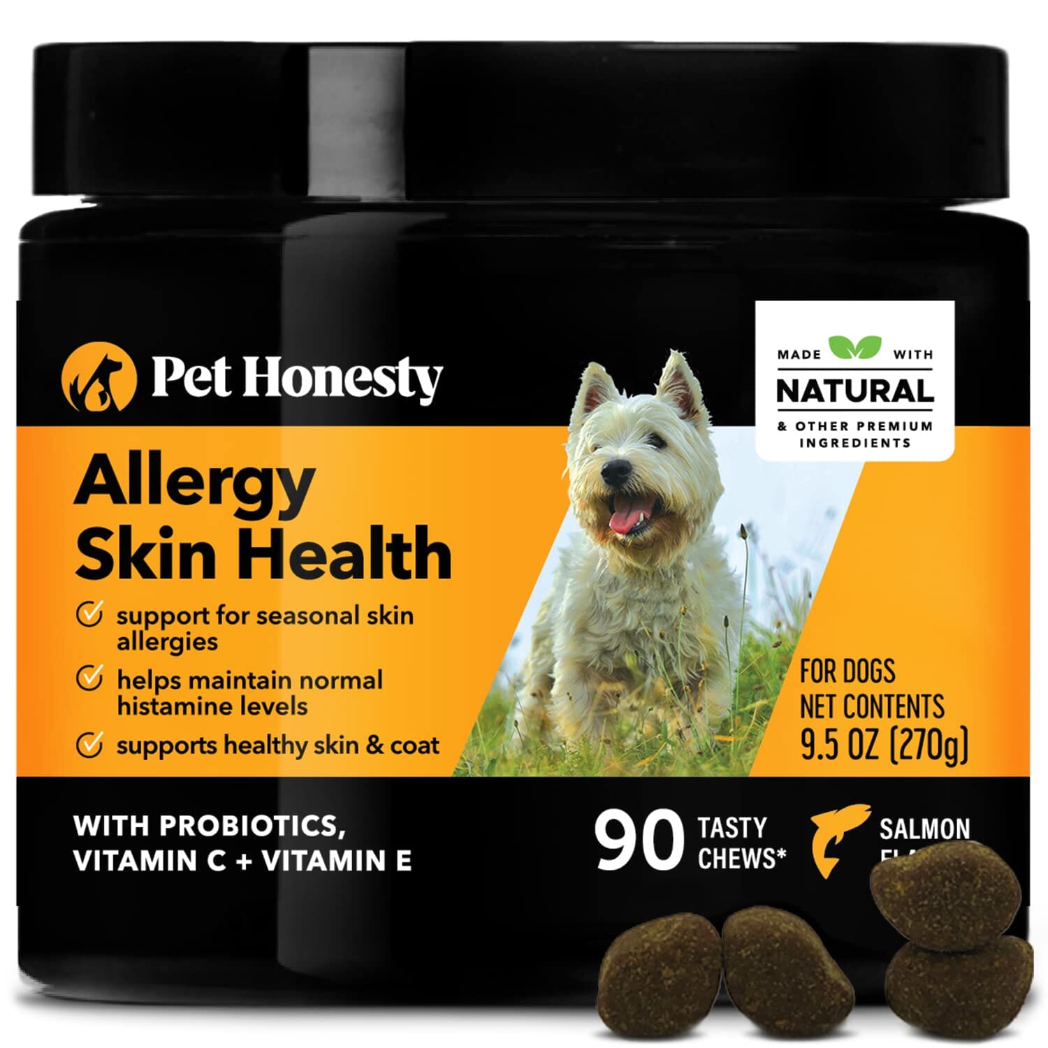 Pet Honesty Allergy Skin and Coat with Omega-3 Fish Oil Salmon Chewy Dog Supplements - 90 Count - 9.5 Oz  