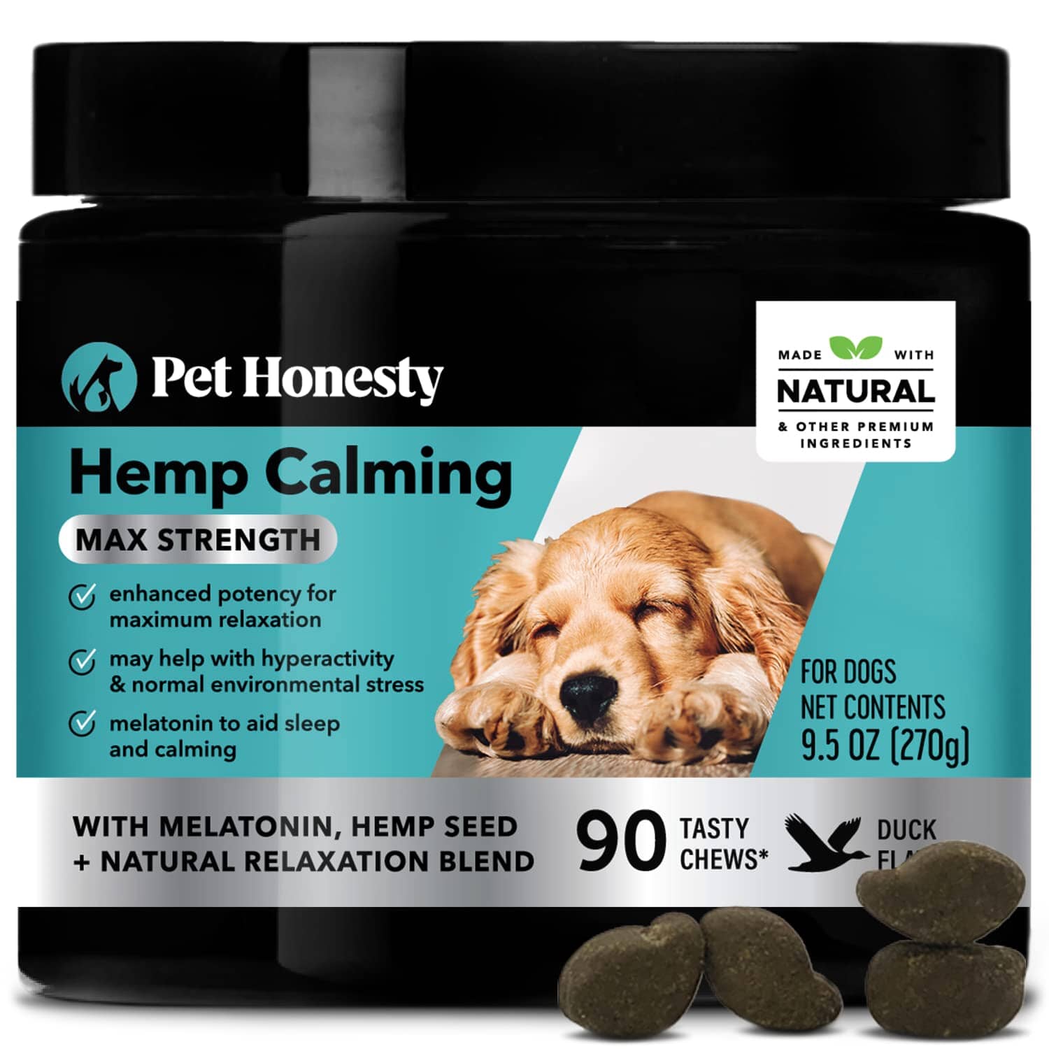 Pet Honesty Calming Max Strength Hemp and Valerian Root Duck Chewy Dog Supplements - 90 Count - 9.5 Oz  