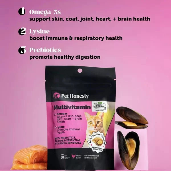 Pet Honesty Daily Multi-Vitamin with Lysine and Omega-3 Joint Skin and Digestion Chicken Flavor Supplemental Cat Treats