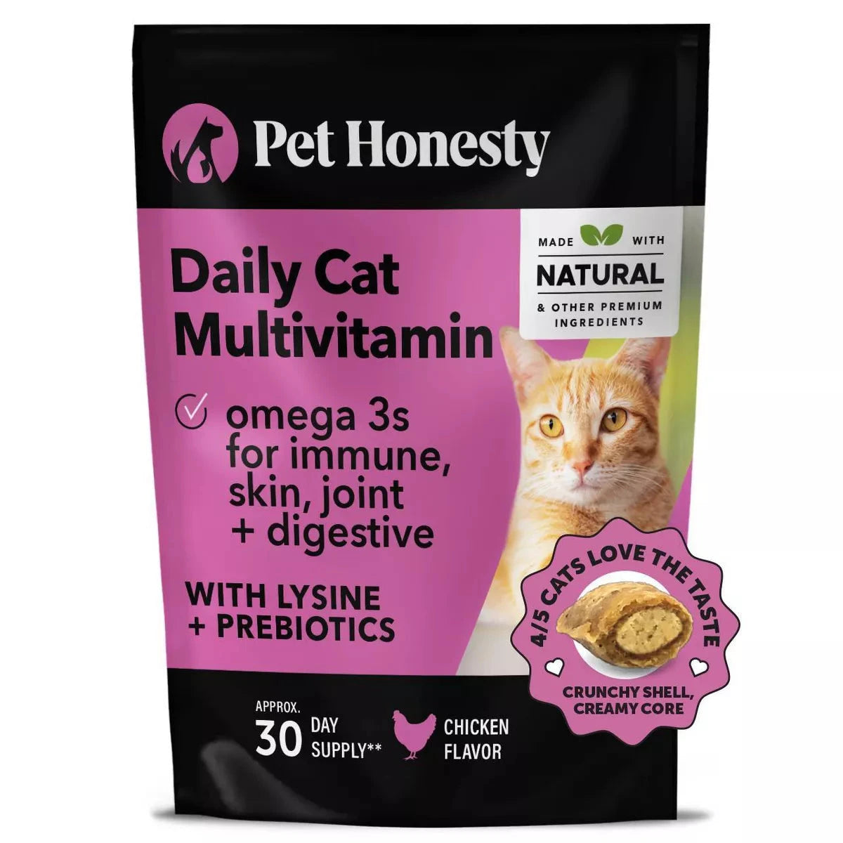 Pet Honesty Daily Multi-Vitamin with Lysine and Omega-3 Joint Skin and Digestion Chicken Flavor Supplemental Cat Treats 3.7 Oz - 30 Day Supply