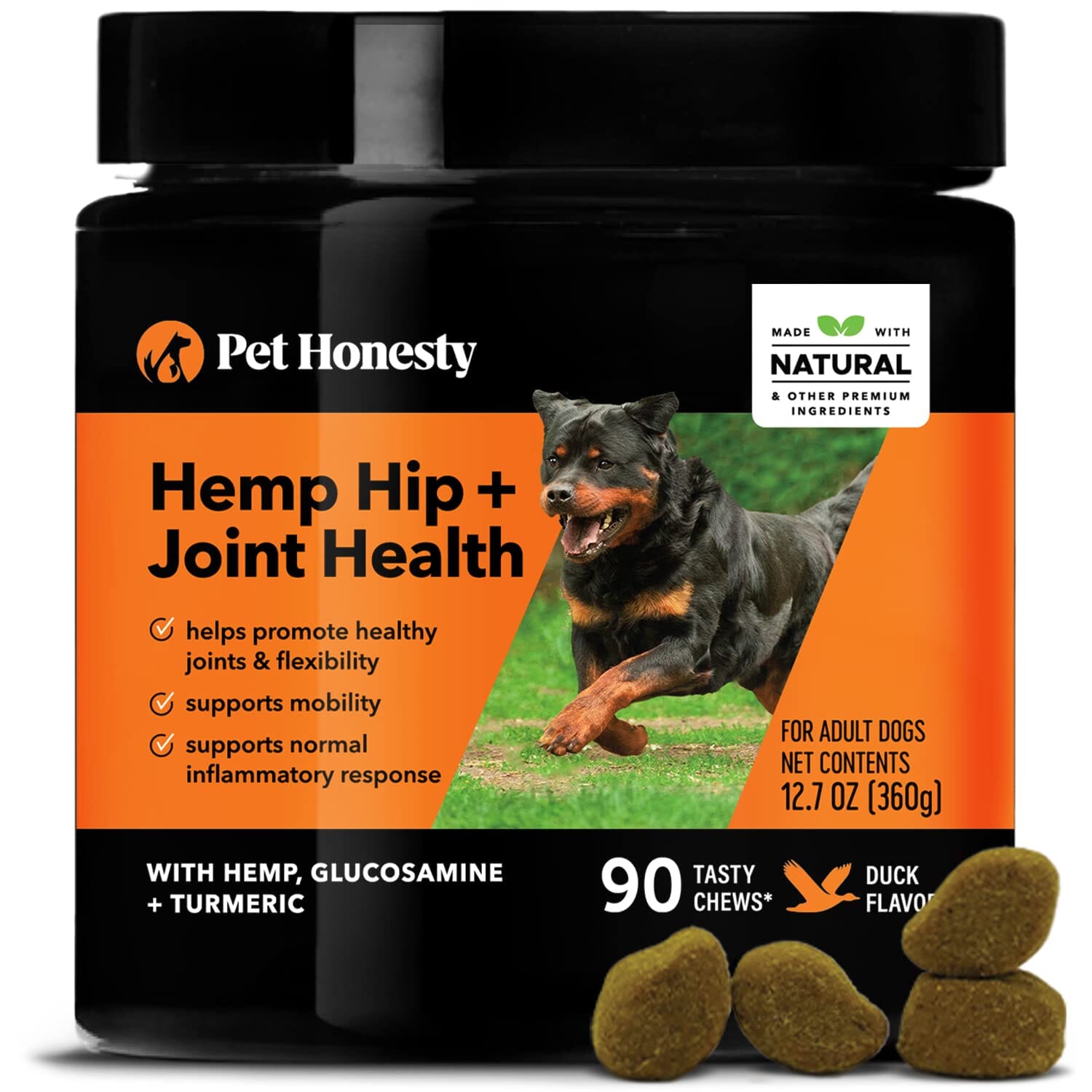 Pet Honesty Hemp Oil and Powder Hip and Joint Duck Chewy Dog Supplement - 90 Count - 12.7 Oz  