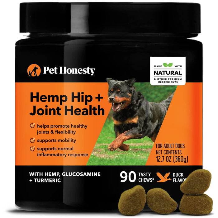 Pet Honesty Hemp Oil and Powder Hip and Joint Duck Chewy Dog Supplement - 90 Count - 12...