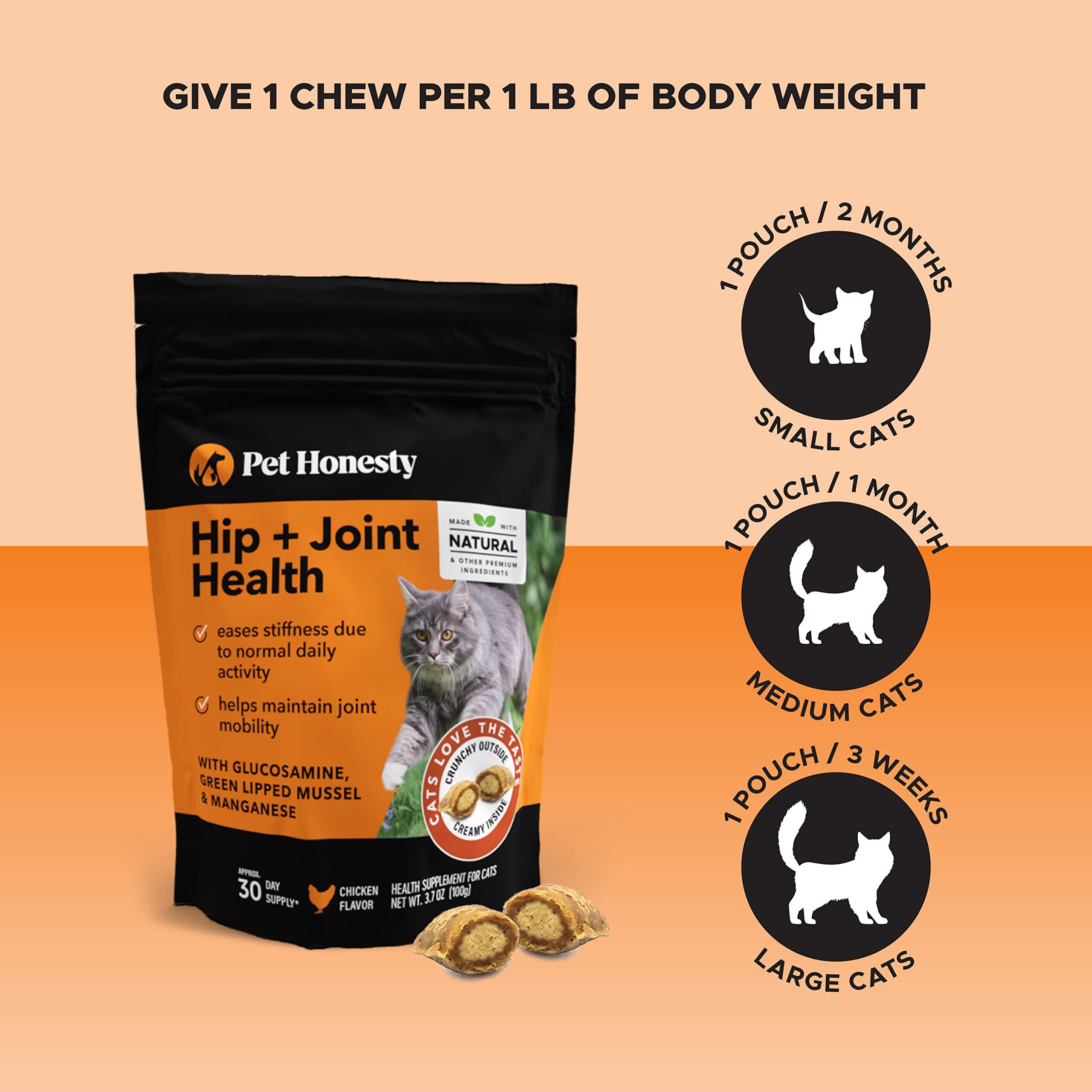 Pet Honesty Hip and Joint Health Glucosomine Chicken Supplemental Chewy Cat Treats - 30 Day - 3.7 Oz  