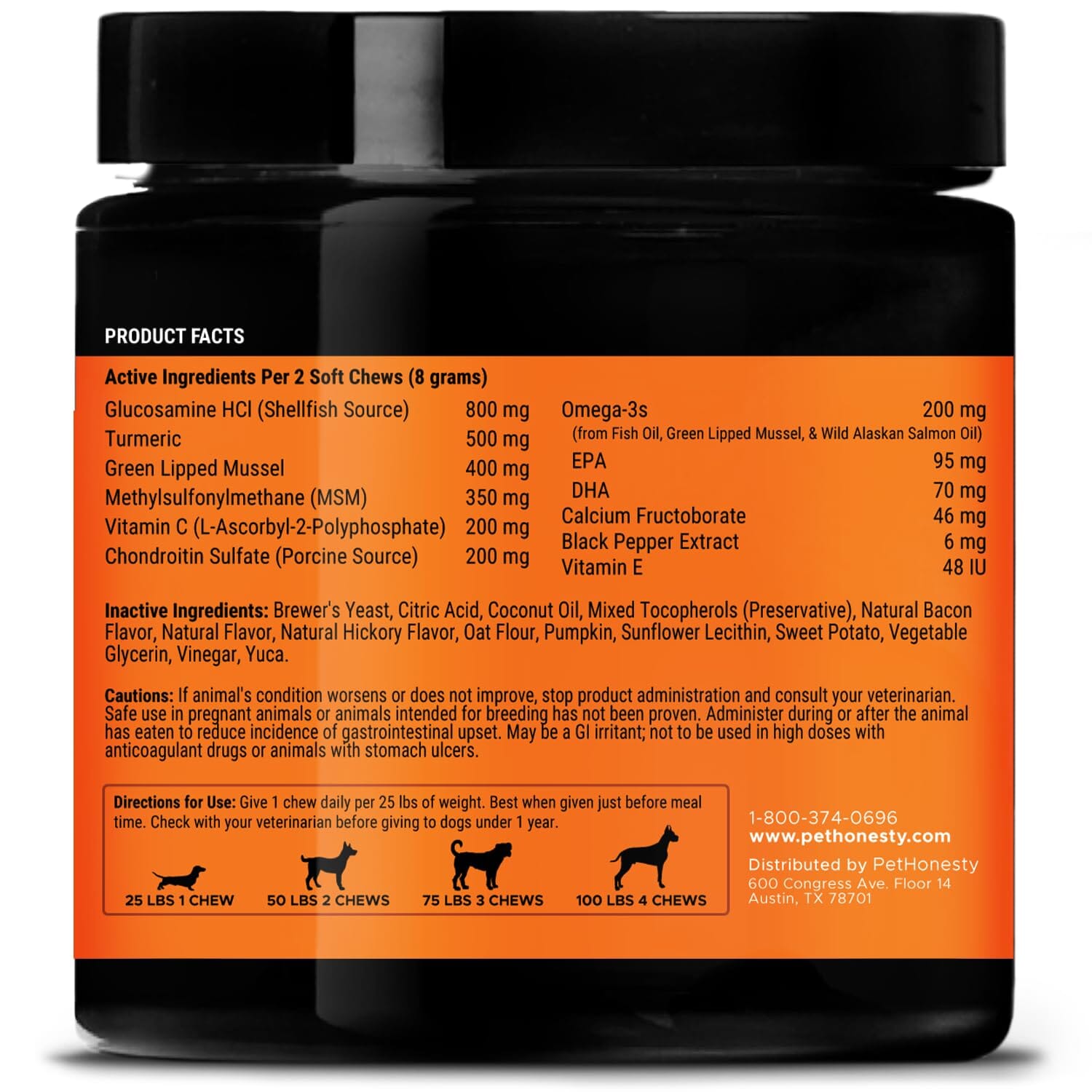 Pet Honesty Hip and Joint Max-Stregth Bacon Chewy Dog Supplements - 90 Count - 12.7 Oz  