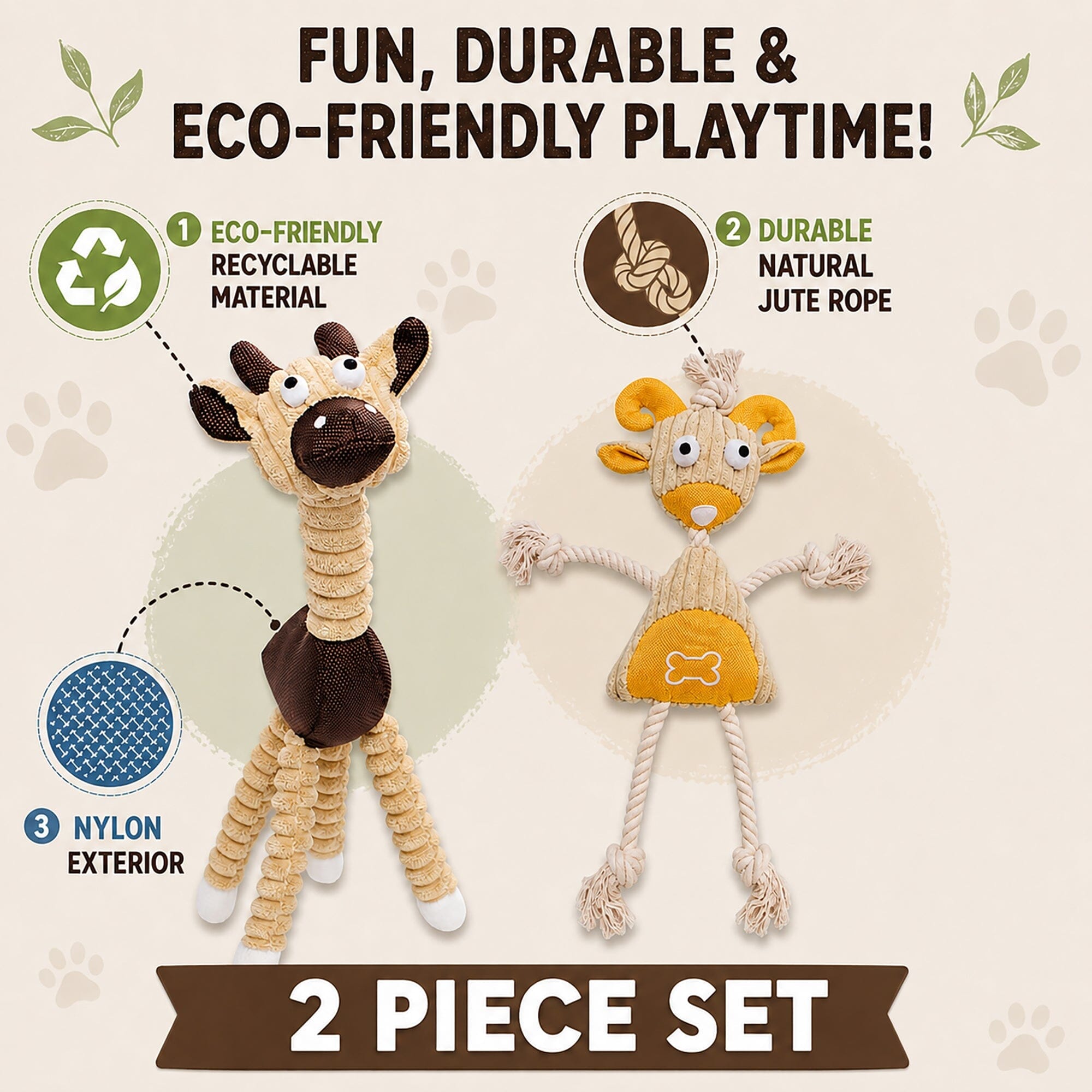 Pet Life ® 2-Piece Eco-Friendly Recyclable Jute Rope and Plush Dog Toy Set - Brown and Yellow