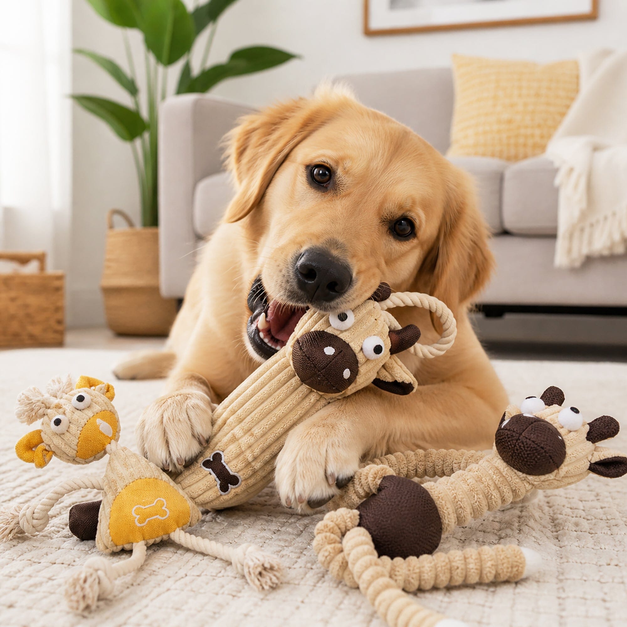 Pet Life ® 2-Piece Eco-Friendly Recyclable Jute Rope and Plush Dog Toy Set - Brown and Yellow