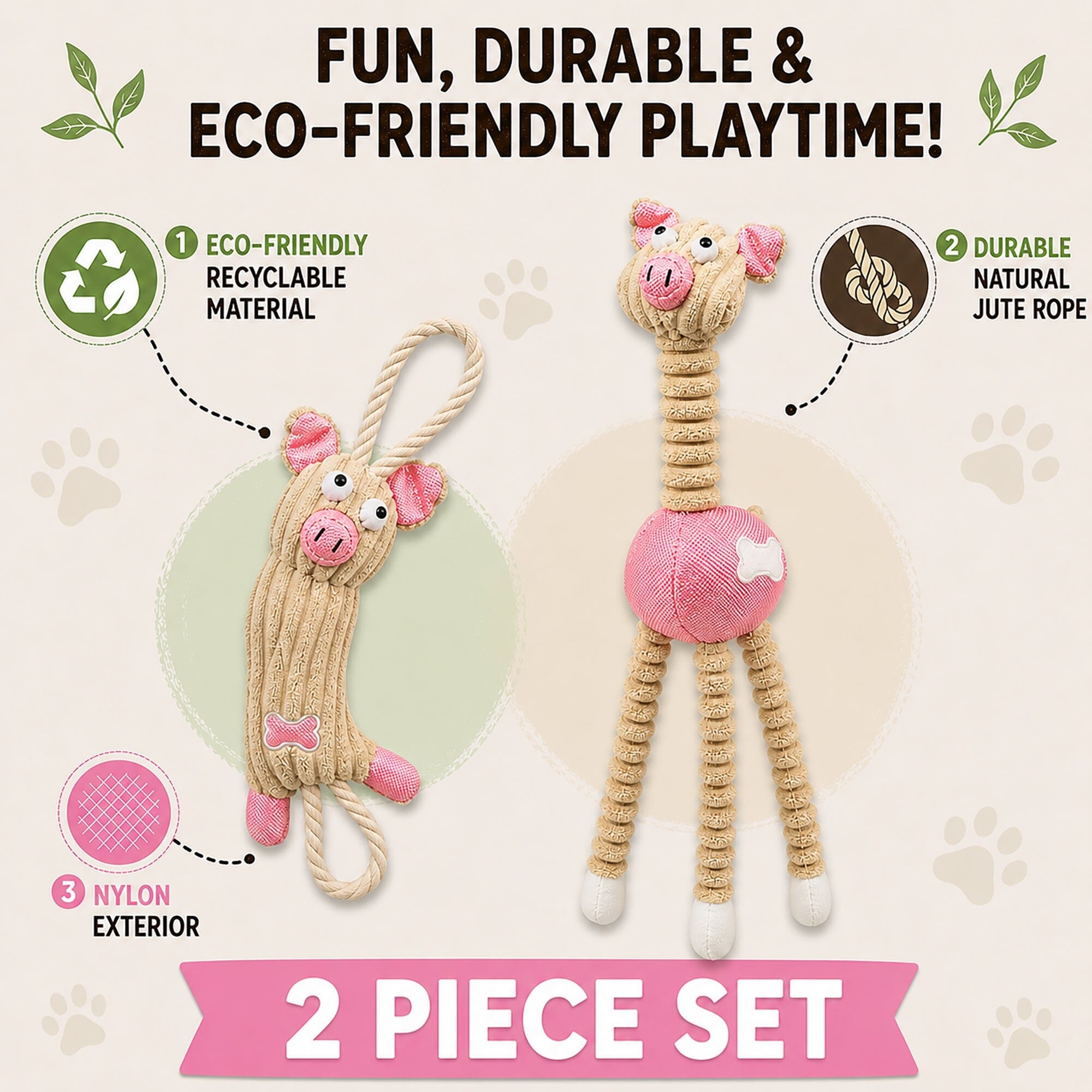 Pet Life ® 2-Piece Eco-Friendly Recyclable Jute Rope and Plush Dog Toy Set - Pink