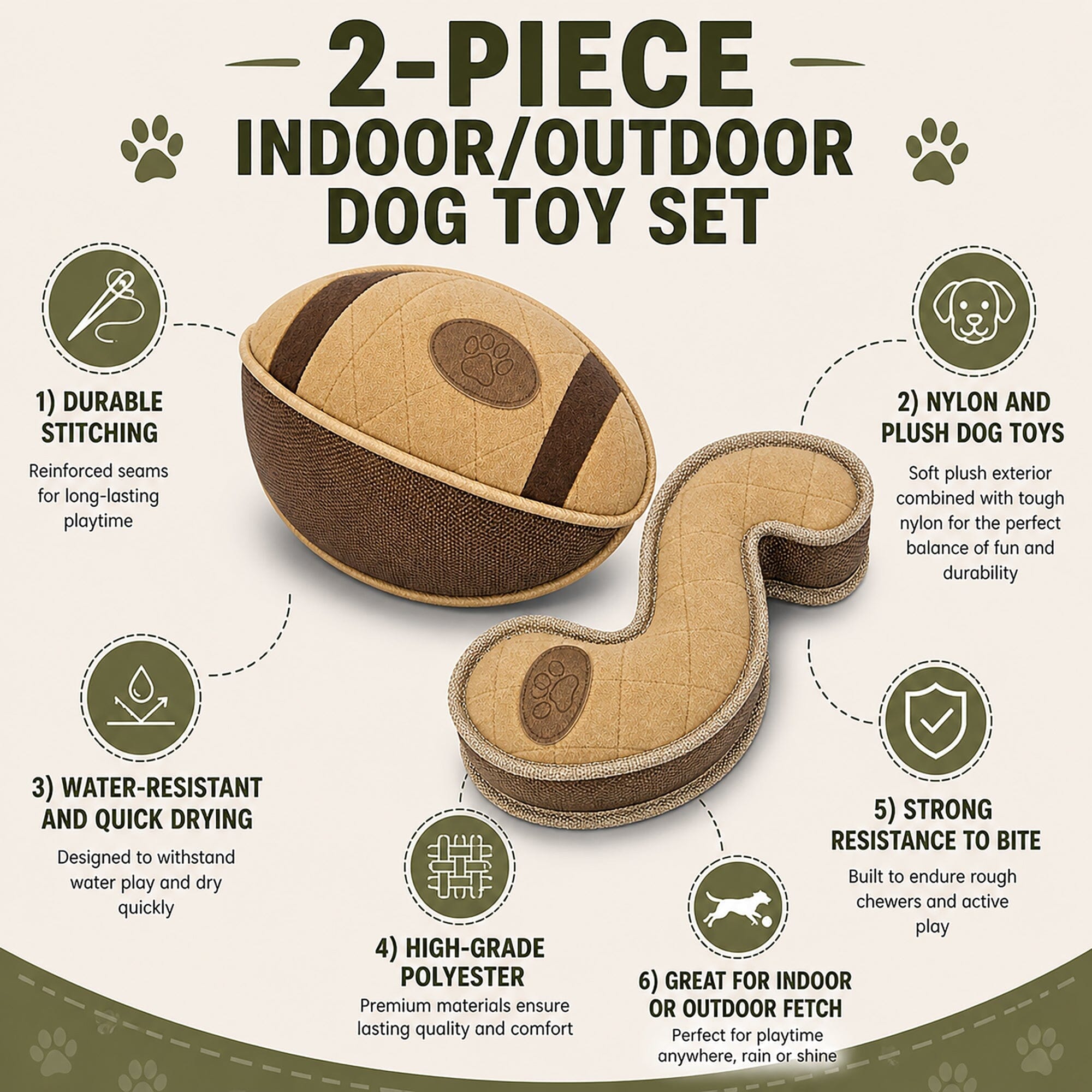 Pet Life ® 2-Piece Indoor or Outdoor Durable Nylon Plush Squeak and Fetch Dog Toy Set - Khaki