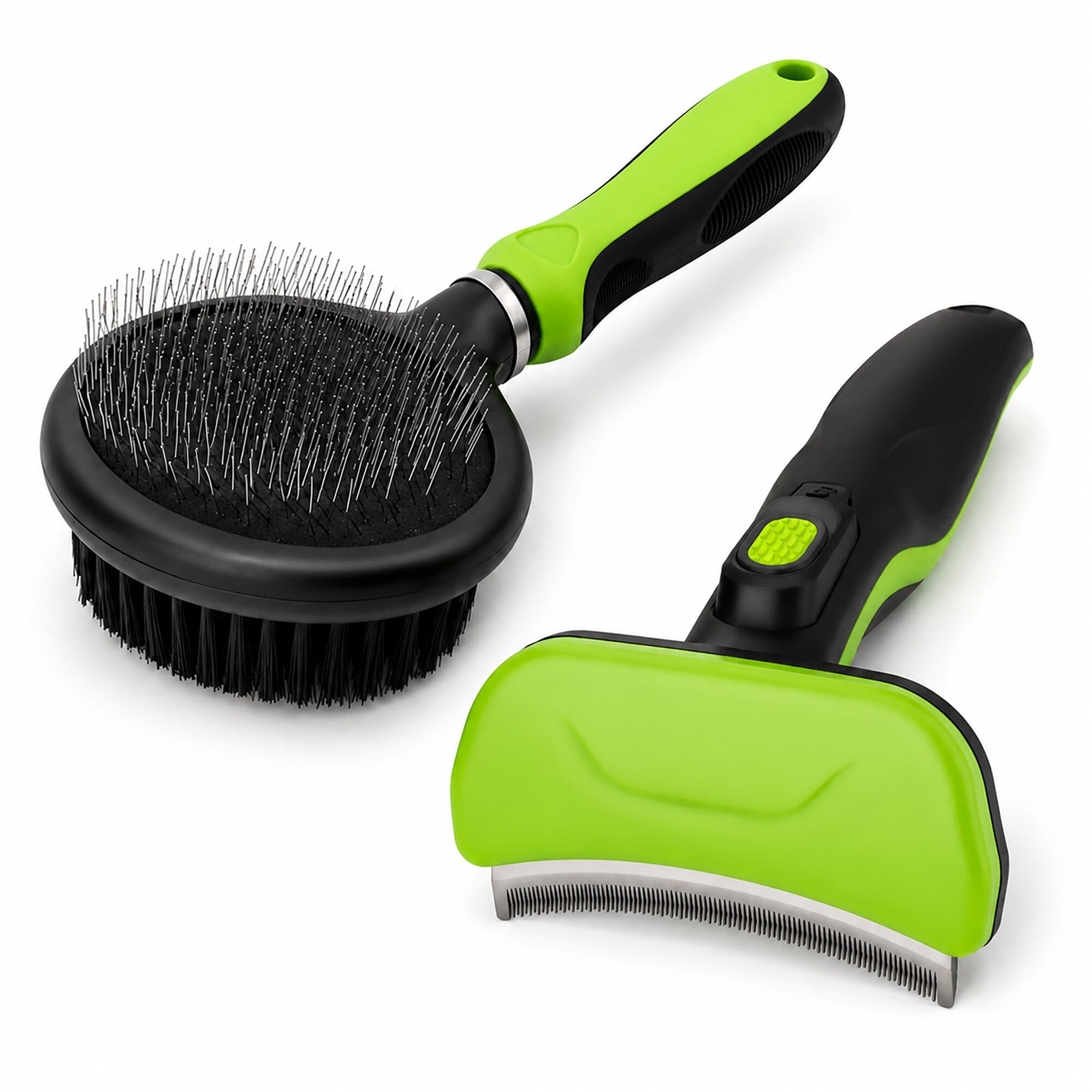 Pet Life ® 2-Piece Premium Deshedder and Dual-Sided Slicker and Bristle Brush Cat and Dog Grooming Set - Green Default Title