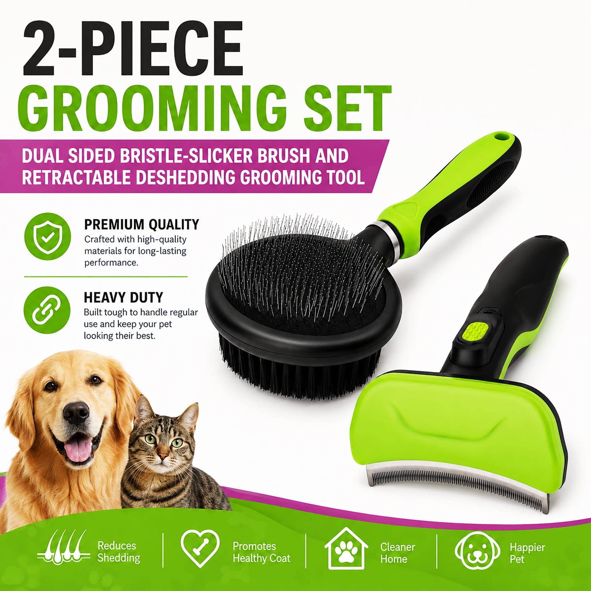 Pet Life ® 2-Piece Premium Deshedder and Dual-Sided Slicker and Bristle Brush Cat and Dog Grooming Set - Green