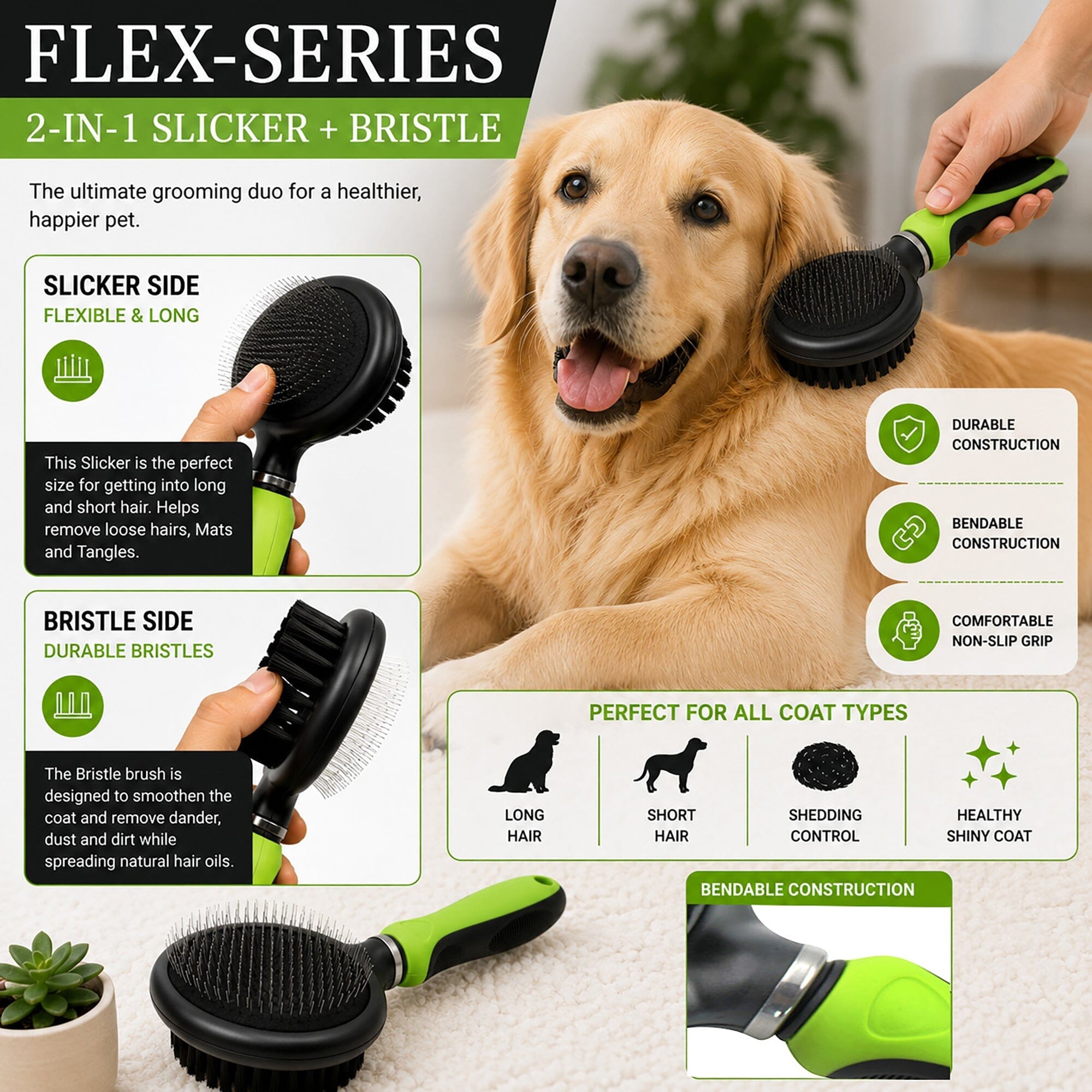 Pet Life ® 2-Piece Premium Deshedder and Dual-Sided Slicker and Bristle Brush Cat and Dog Grooming Set - Green