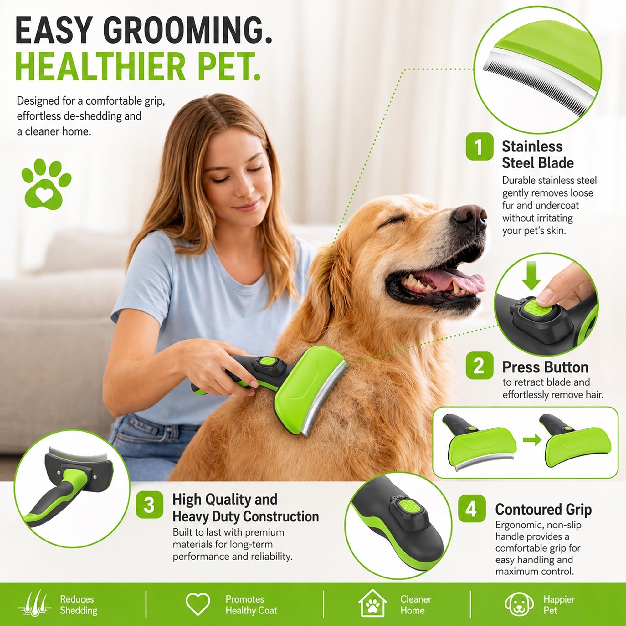Pet Life ® 2-Piece Premium Deshedder and Dual-Sided Slicker and Bristle Brush Cat and Dog Grooming Set - Green