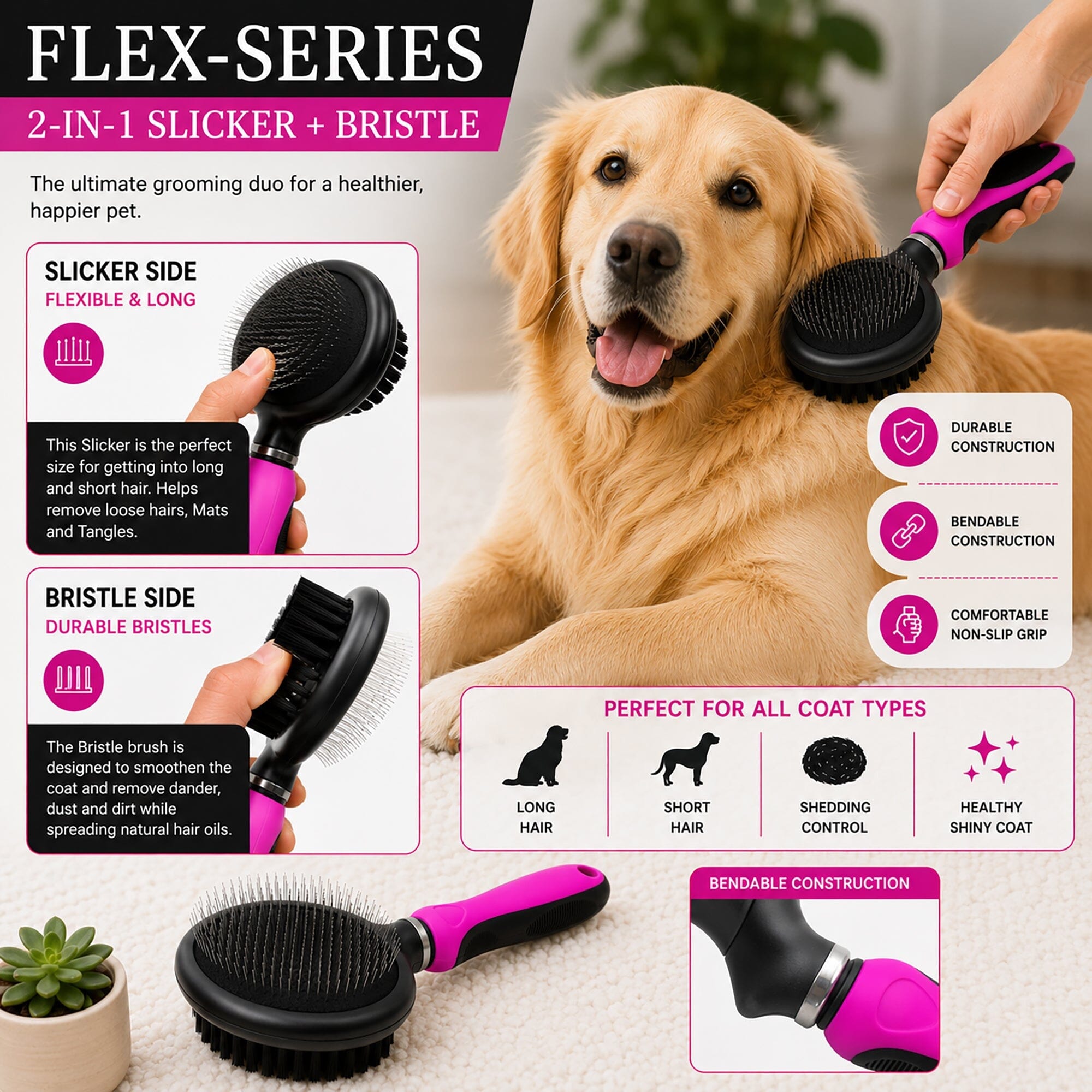 Pet Life ® 2-Piece Premium Deshedder and Dual-Sided Slicker and Bristle Brush Cat and Dog Grooming Set - Pink