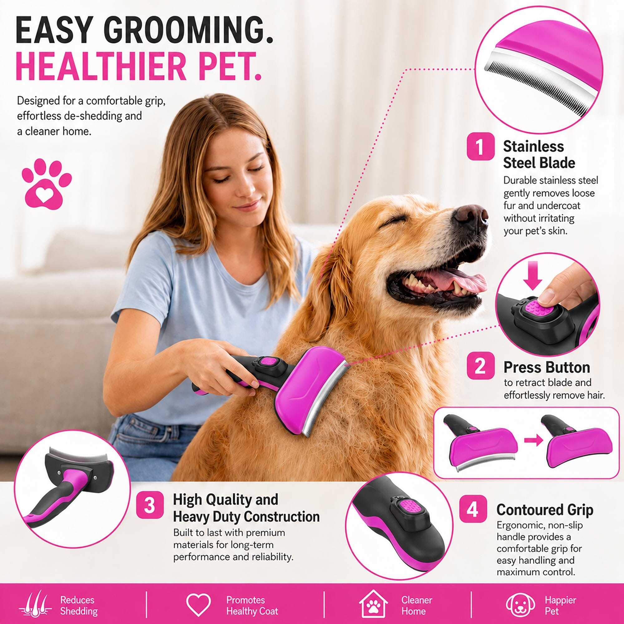 Pet Life ® 2-Piece Premium Deshedder and Dual-Sided Slicker and Bristle Brush Cat and Dog Grooming Set - Pink