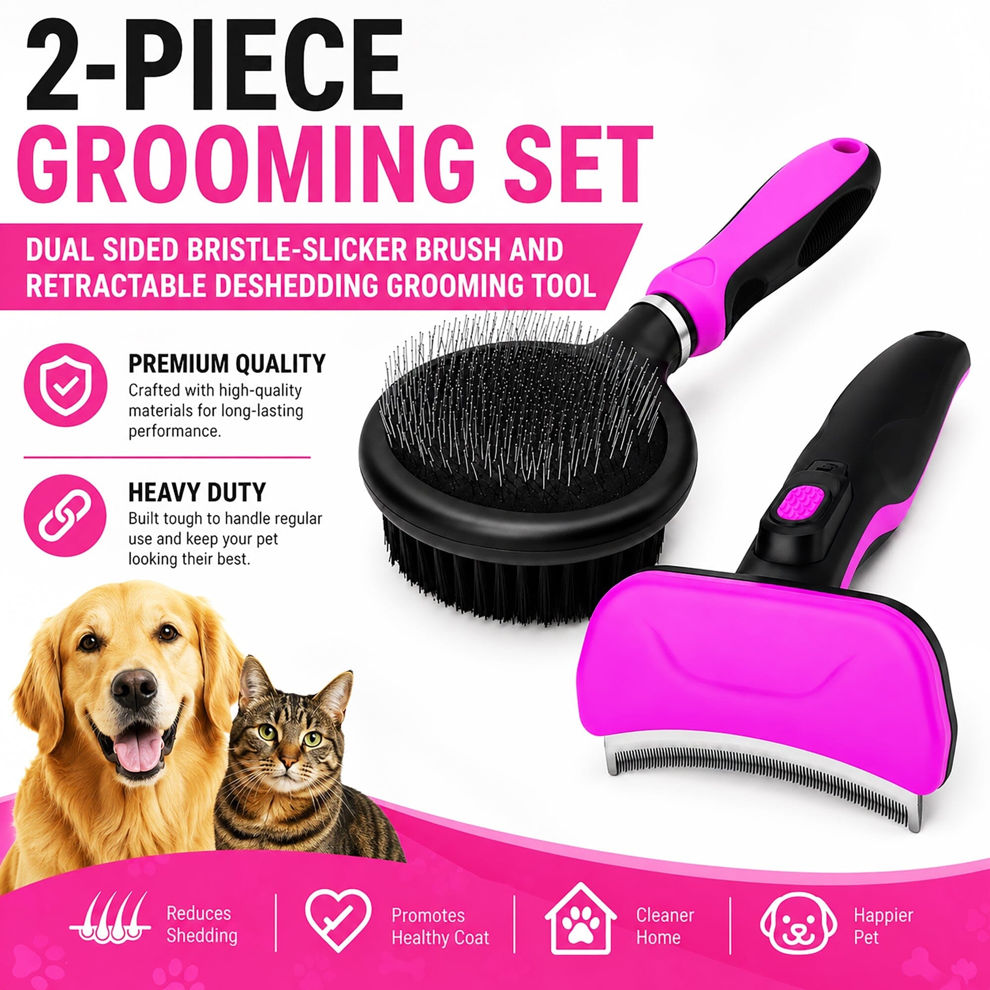 Pet Life ® 2-Piece Premium Deshedder and Dual-Sided Slicker and Bristle Brush Cat and Dog Grooming Set - Pink