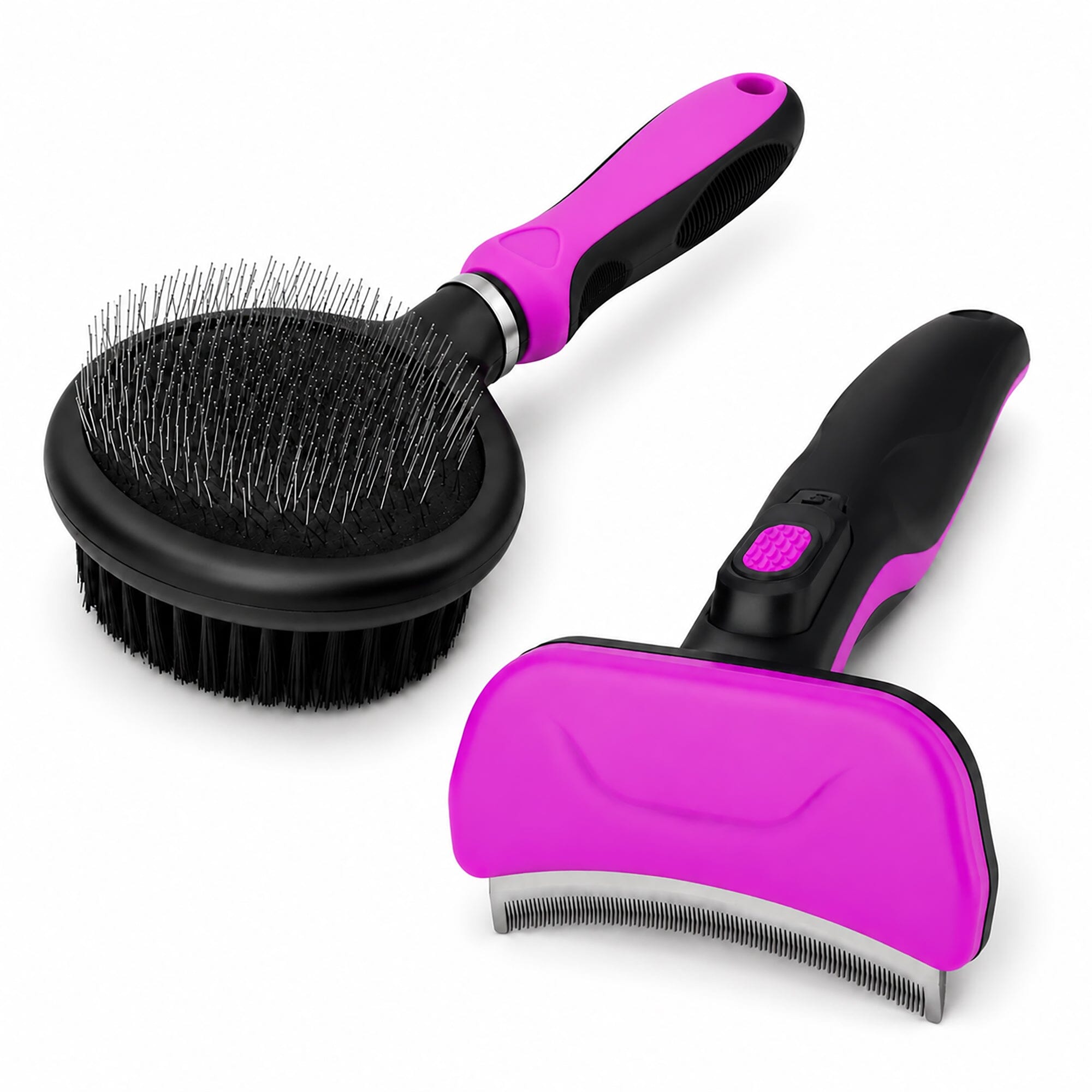 Pet Life ® 2-Piece Premium Deshedder and Dual-Sided Slicker and Bristle Brush Cat and Dog Grooming Set - Pink Default Title