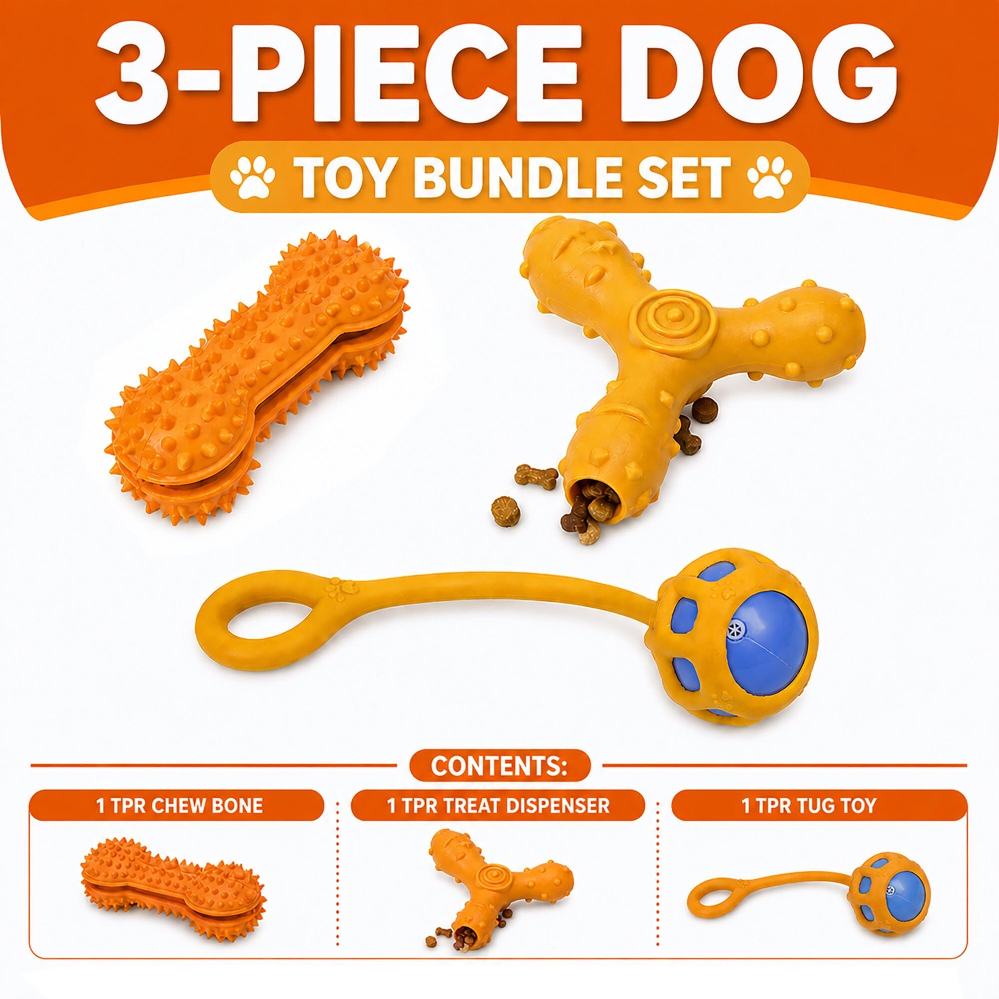 Pet Life ® 3-Piece Durable TPR Tug Squeak and Fetch Interactive Dog Toy Set - Orange