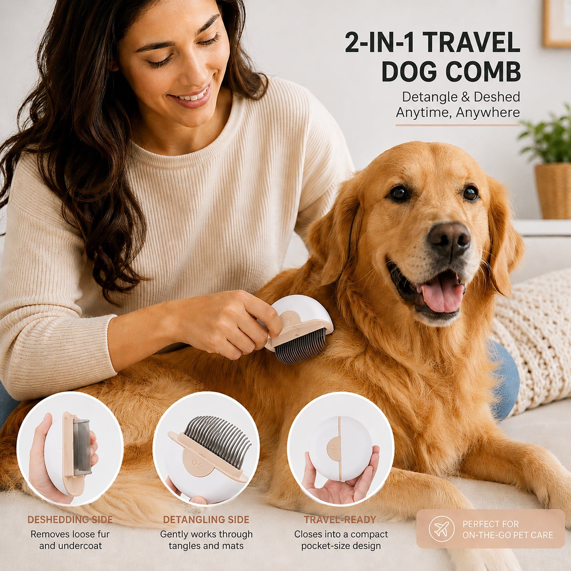 Pet Life ® 3-Piece Modern Premium and Travel Rake Deshedder and Comb Cat and Dog Grooming Set - Brown and White