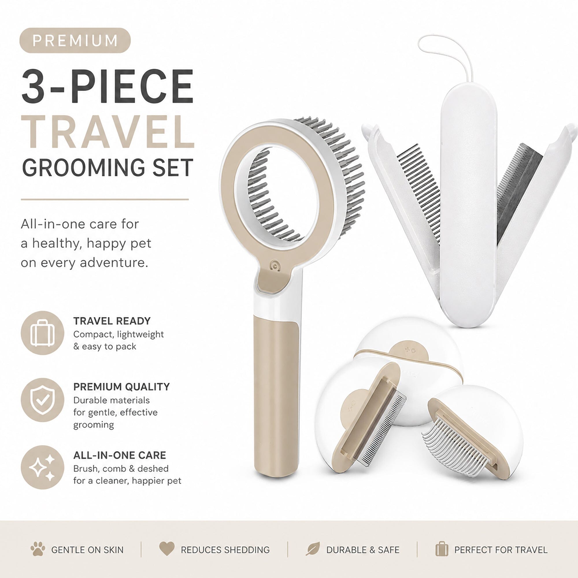 Pet Life ® 3-Piece Modern Premium and Travel Rake Deshedder and Comb Cat and Dog Grooming Set - Brown and White
