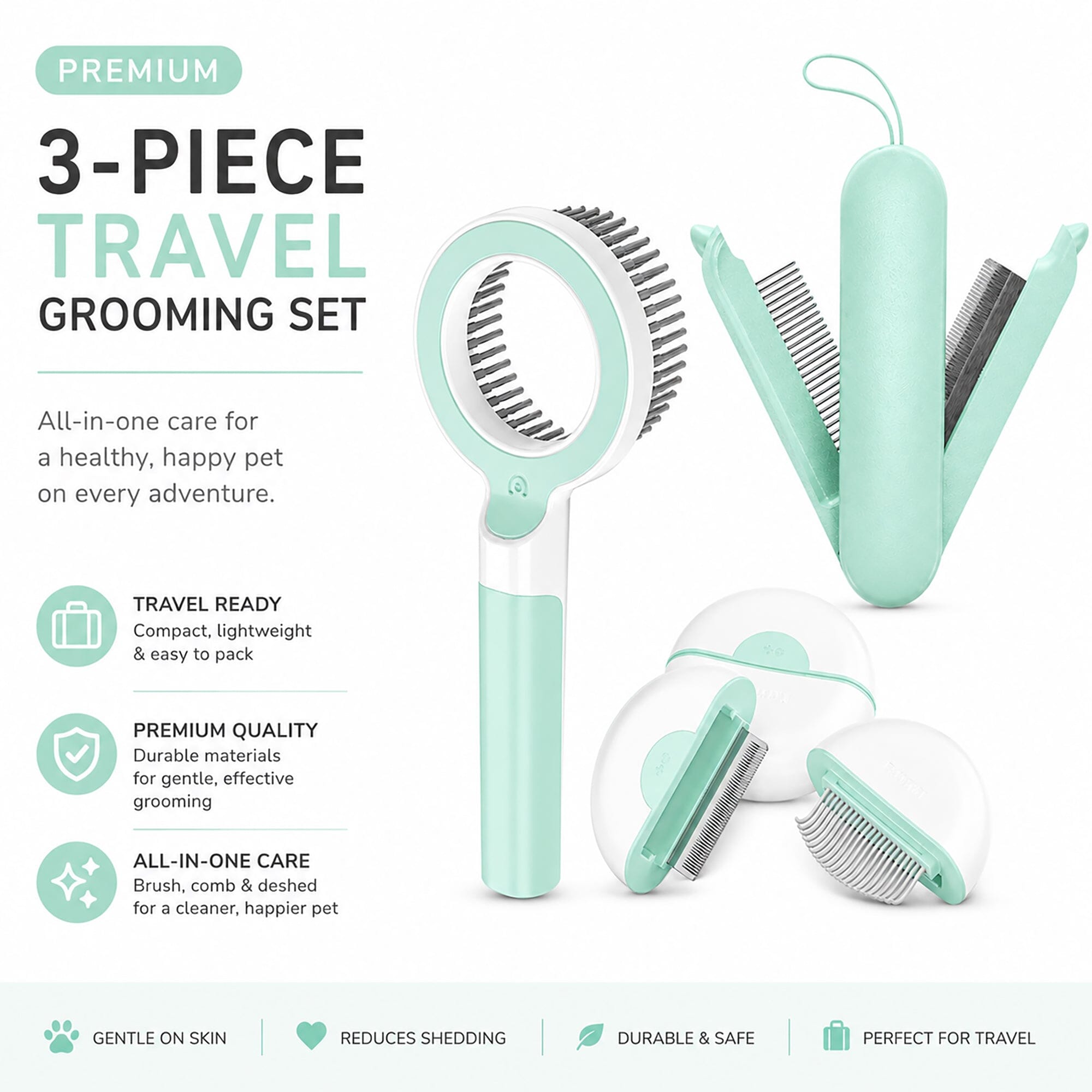 Pet Life ® 3-Piece Modern Premium and Travel Rake Deshedder and Comb Cat and Dog Grooming Set - Green