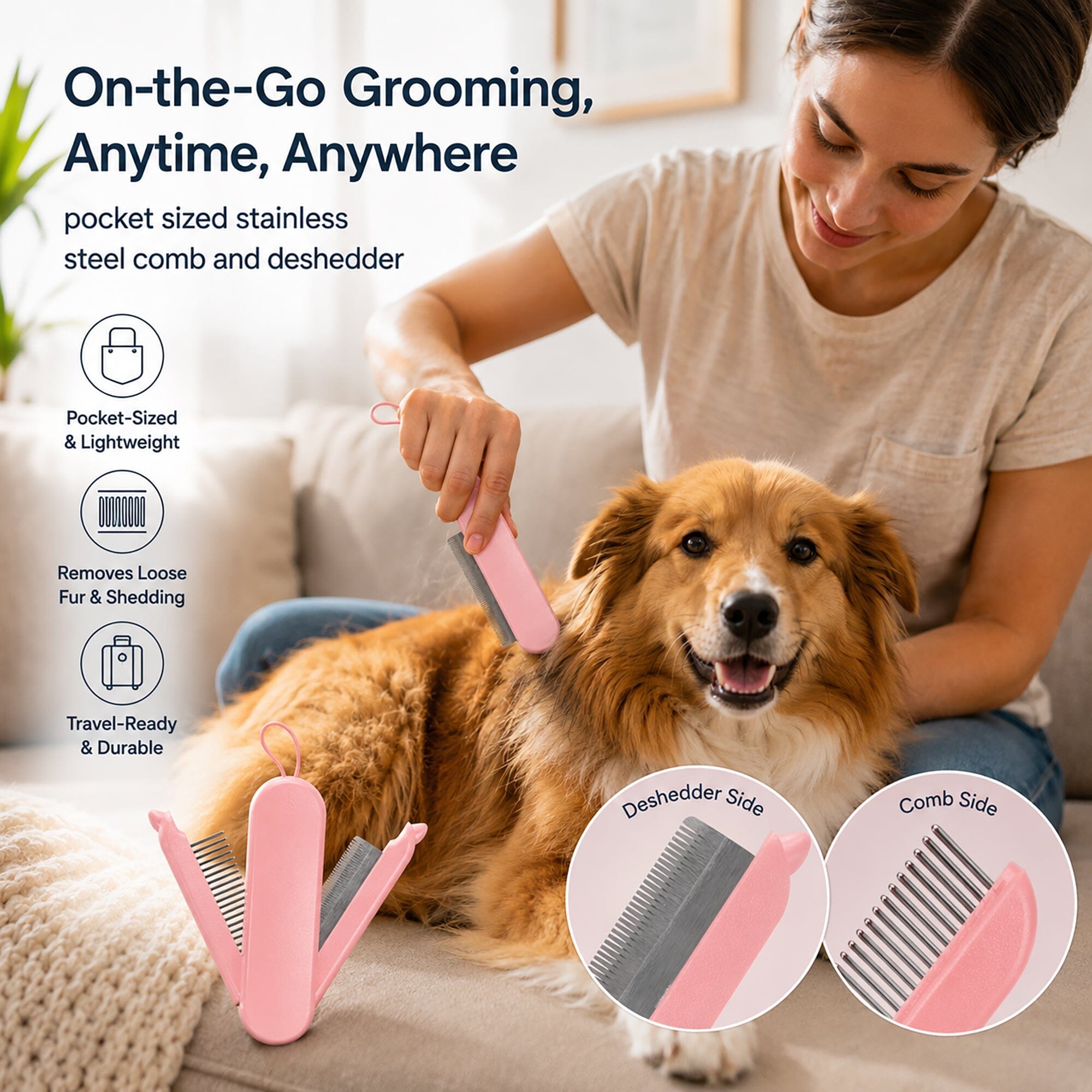 Pet Life ® 3-Piece Modern Premium and Travel Rake Deshedder and Comb Cat and Dog Grooming Set - Pink