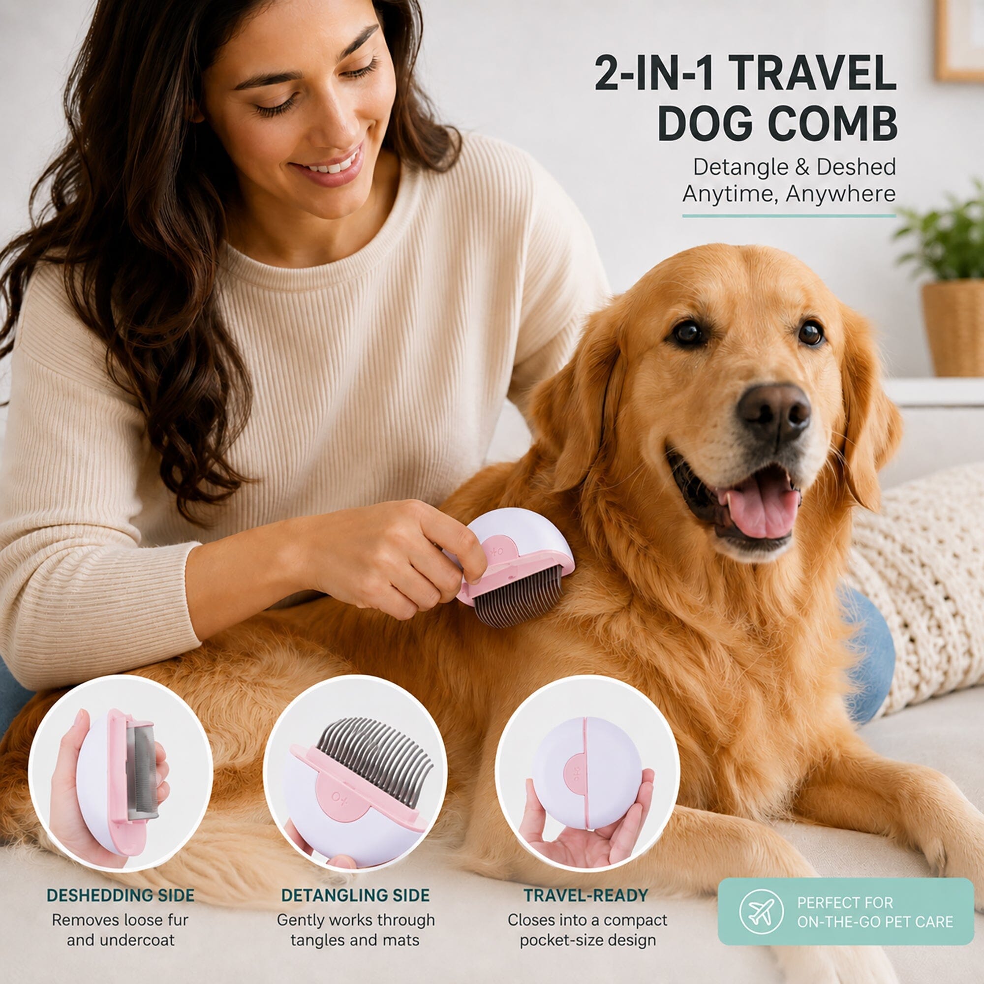 Pet Life ® 3-Piece Modern Premium and Travel Rake Deshedder and Comb Cat and Dog Grooming Set - Pink