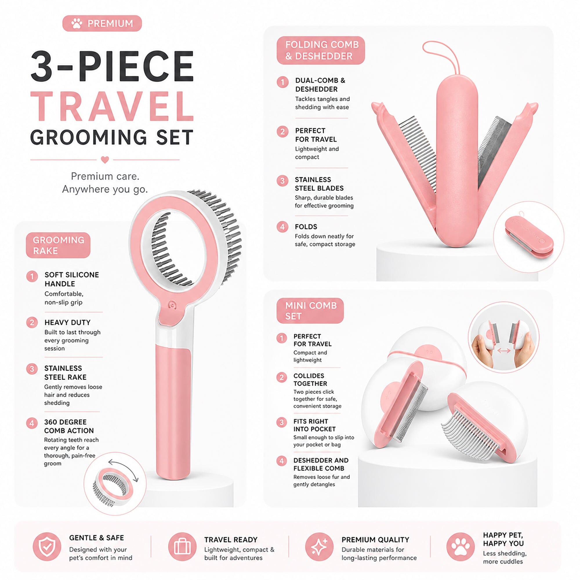 Pet Life ® 3-Piece Modern Premium and Travel Rake Deshedder and Comb Cat and Dog Grooming Set - Pink