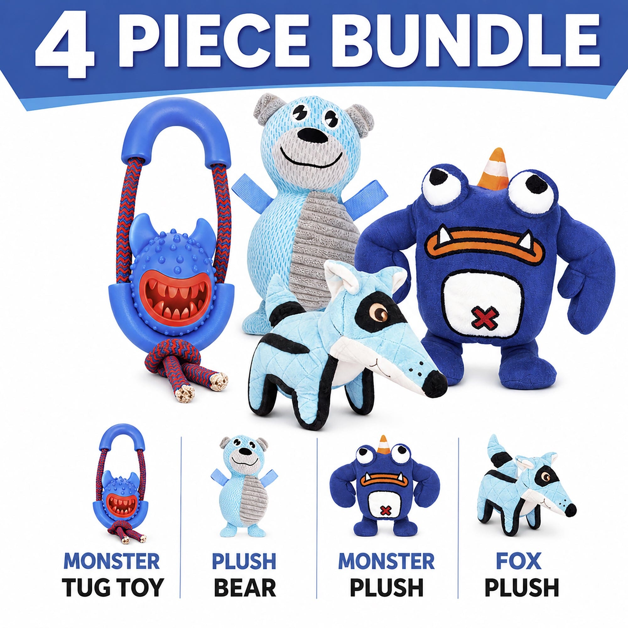 Pet Life ® 4-Piece Fetch Tug and Plush Squeaking Bundle Dog Toy Set - Blue