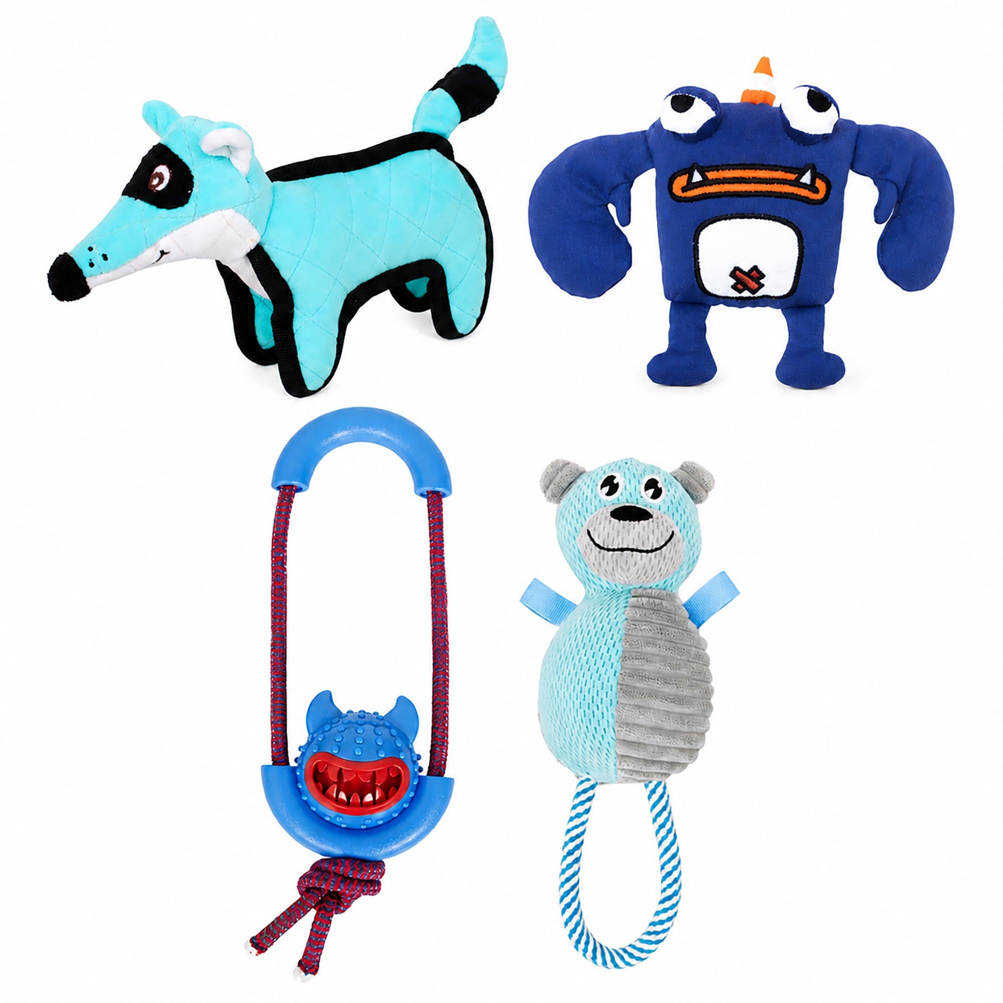 Pet Life ® 4-Piece Fetch Tug and Plush Squeaking Bundle Dog Toy Set - Blue Default Title